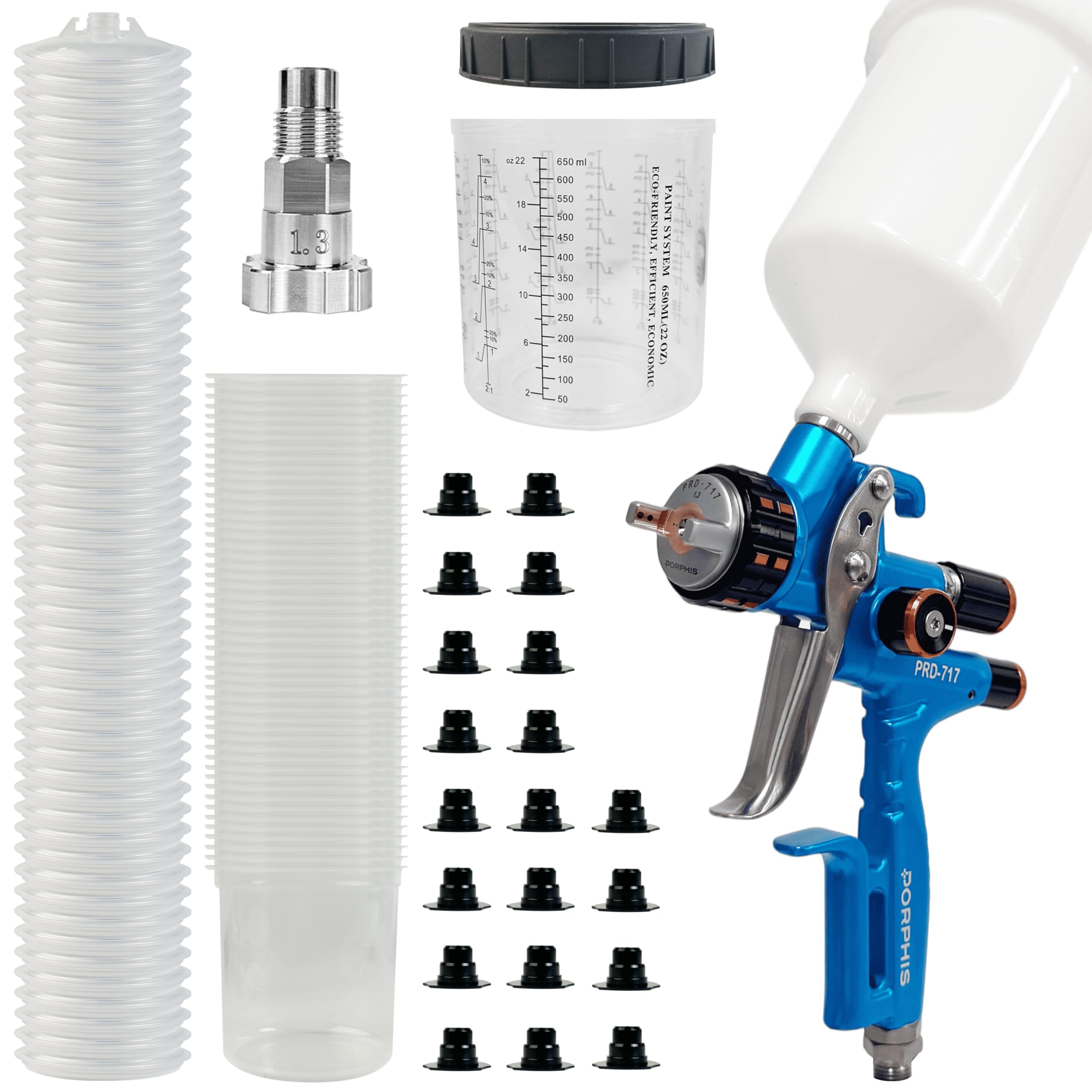 Paint Spray Gun PRD-717 VS Type with Split Nozzle 1.3mm Spray Gun + Disposable Paint Cups 650ml/22oz 50 Sets