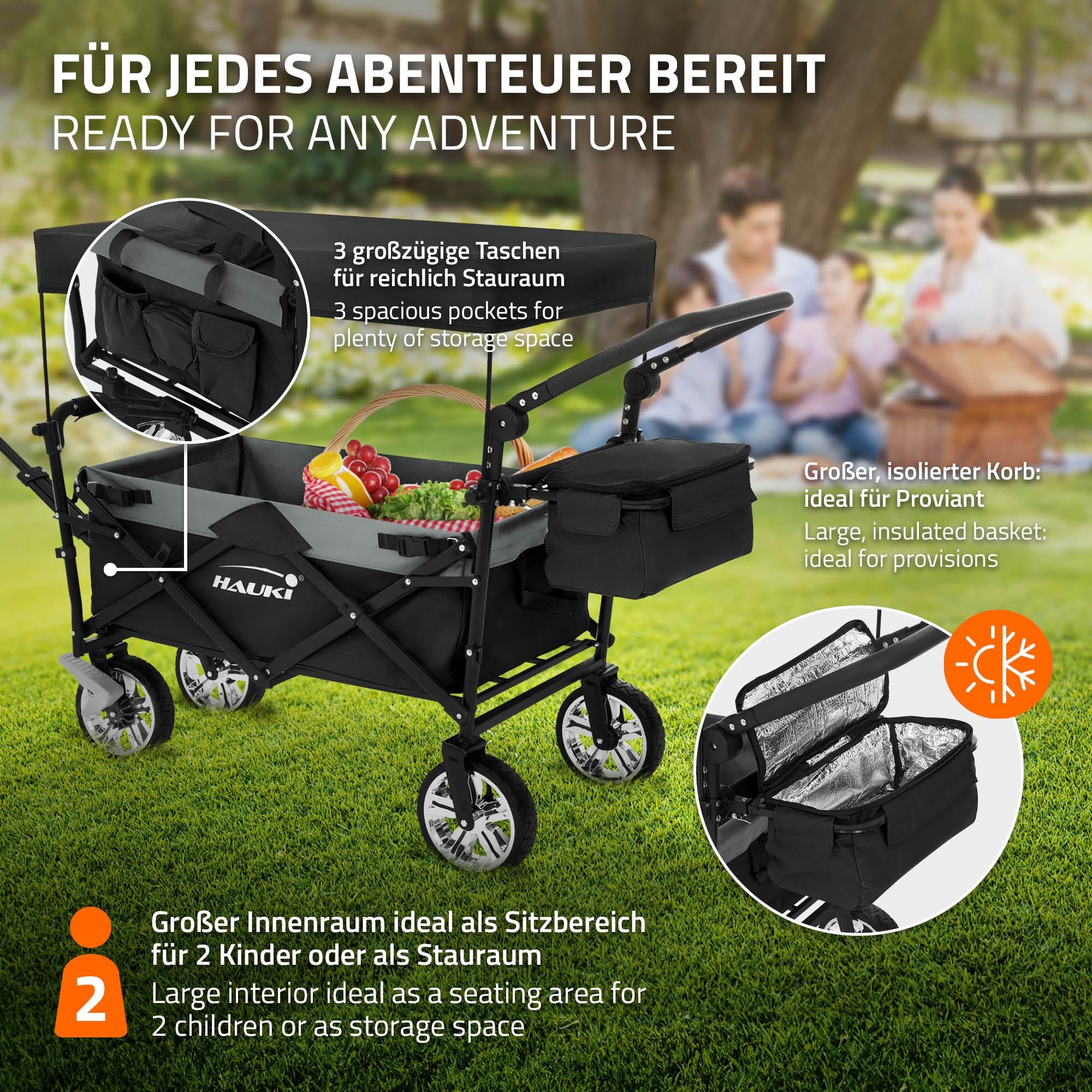 Hauki Carro de Mano Plegable con Toldo para la Playa, Negro-Gris, Transporte de hasta 120 kg para Niños o de Equipamiento Incl. 2 Bolsillos de Malla y 1 Bolsa Exterior, Remolque con Freno en Rueda