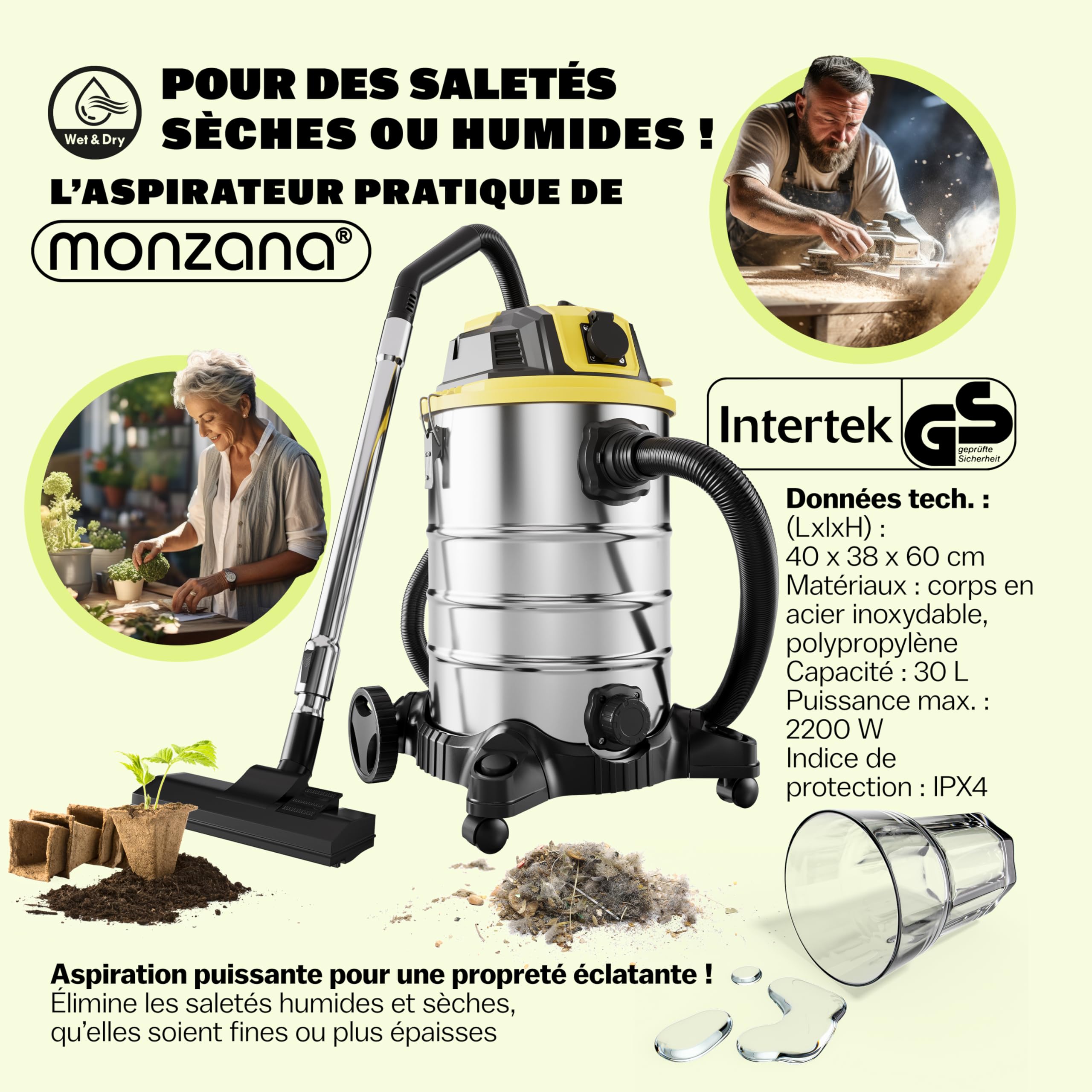 Monzana® Aspirateur Eau et poussière 30L avec Fonction soufflerie Aspirateur Multifonction 2200W