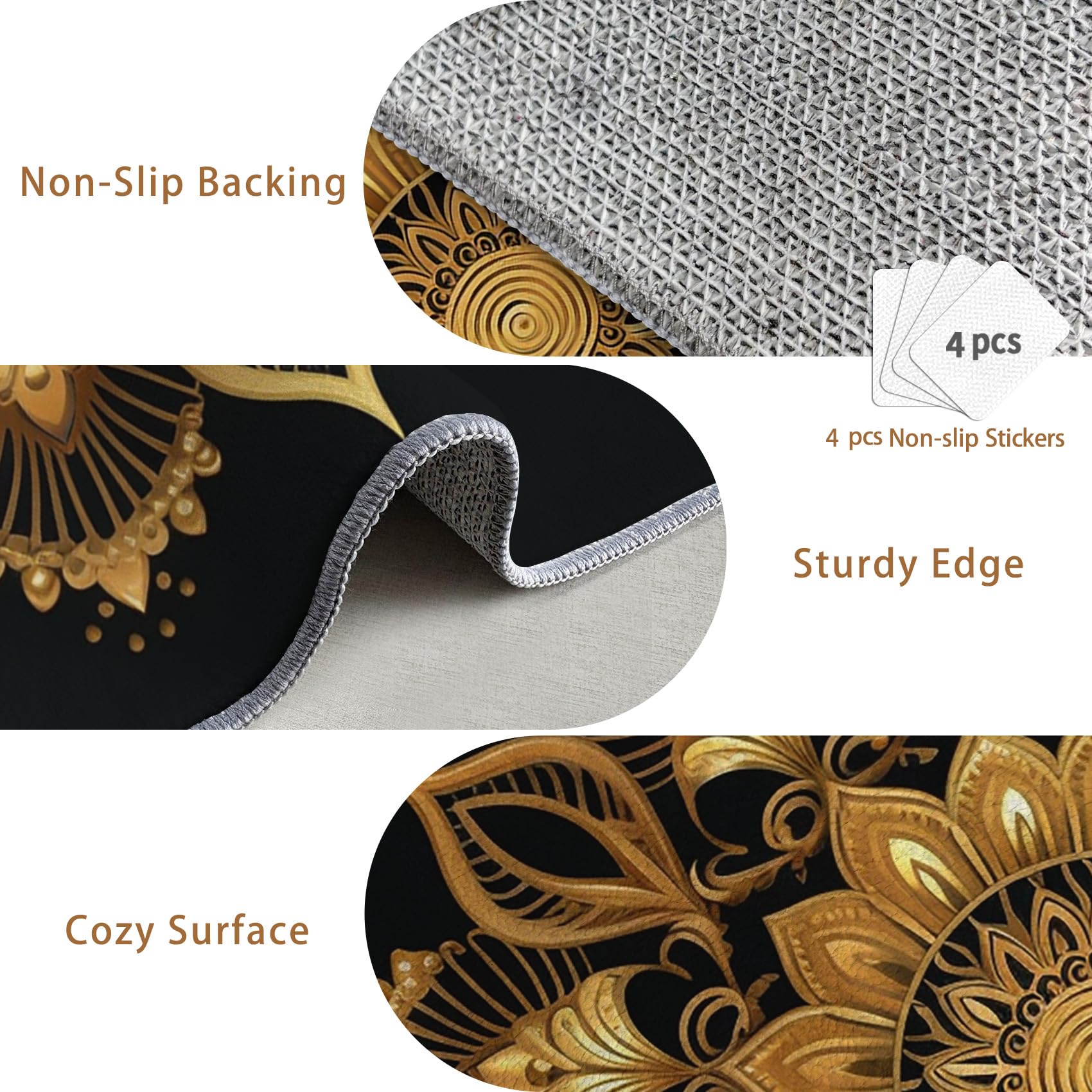 Mandala Teppich Rund 120cm Kurzflor - Waschbare Teppiche Wohnzimmer Schwarz Gold - Runder Teppich 120 Durchmesser Kinderzimmer - Bettvorleger Schlafzimmer rutschfest Weich