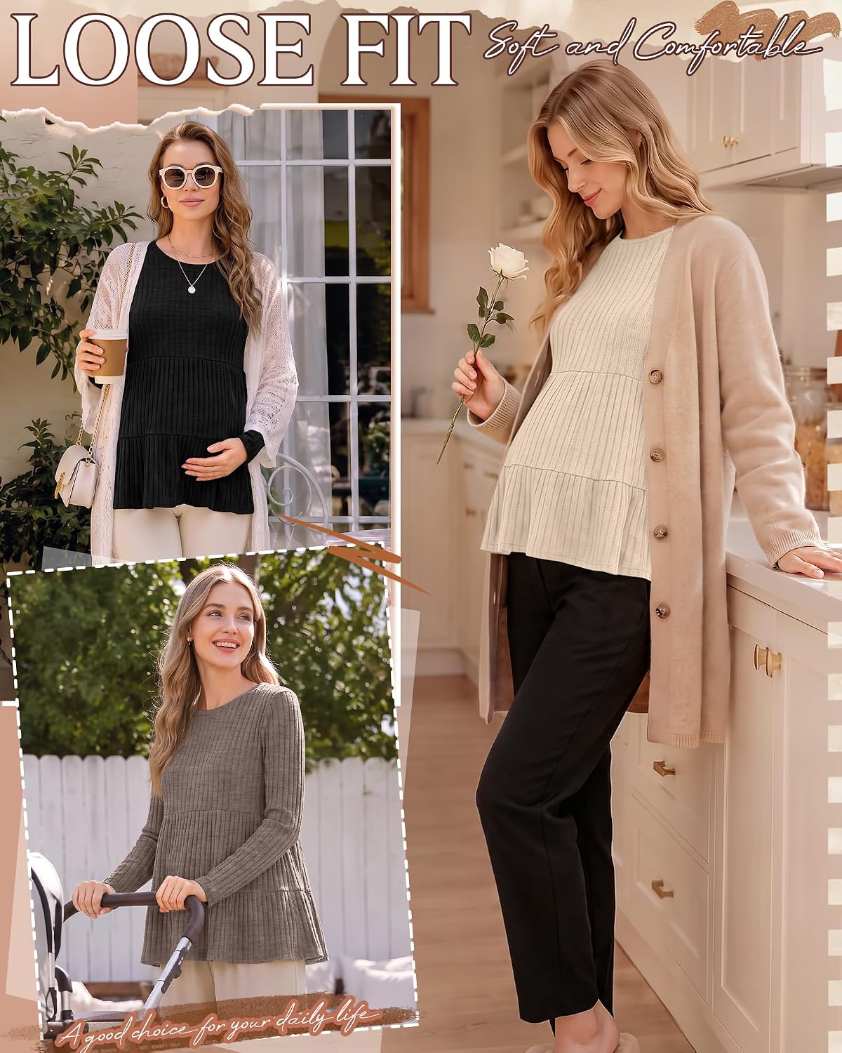 Ficerd 3 Pack Women Maternity Shirts Peplum Babydoll Tops