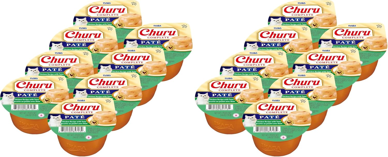 INABA Churu Complete Pate for Cats, Grain-Free, High Protein & Moisture, Wet Cat Food with Fish Oil, 2.46oz. Cup, 8 Cups, Chicken Recipe with Tuna (Pack of 2)