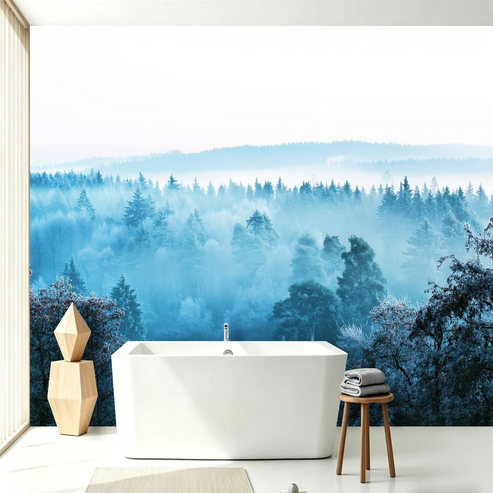 Générique Panoramiczna tapeta las sosny mgła horyzont 300 x 210 cm (szer. x wys.) plakat ścienny 3D, dekoracja ścienna premium, fotograficzny zimny odcień projekt do salonu, sypialni i pokoju