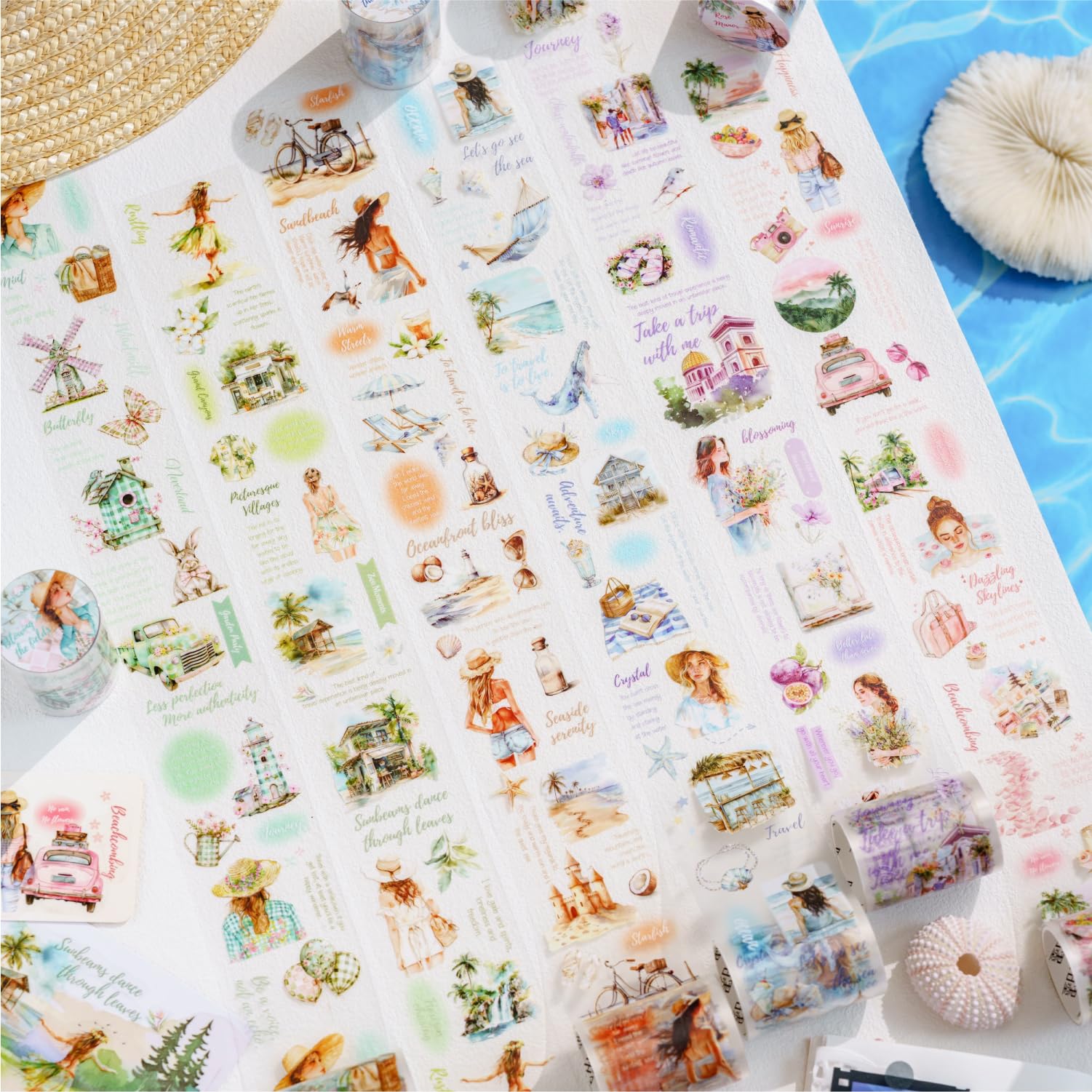 Alideco 6pcs Decorative Adhesive Tapes Literary Girl Travel Theme PET Tape Great for Bullet Journal Supplies, Arts, Scrapbook, DIY Crafts, Planners (