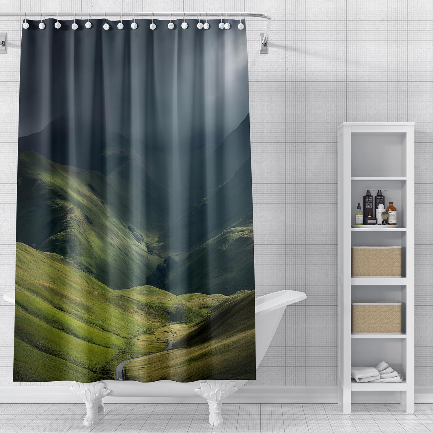Cortina de Ducha de Montaña,Diseño de Valle y Arroyo,Impermeable,con Ganchos de Plástico,Paisaje Natural para Decoración de Baño de Estilo Rústico,240Anx200Alcm (1 Panel)