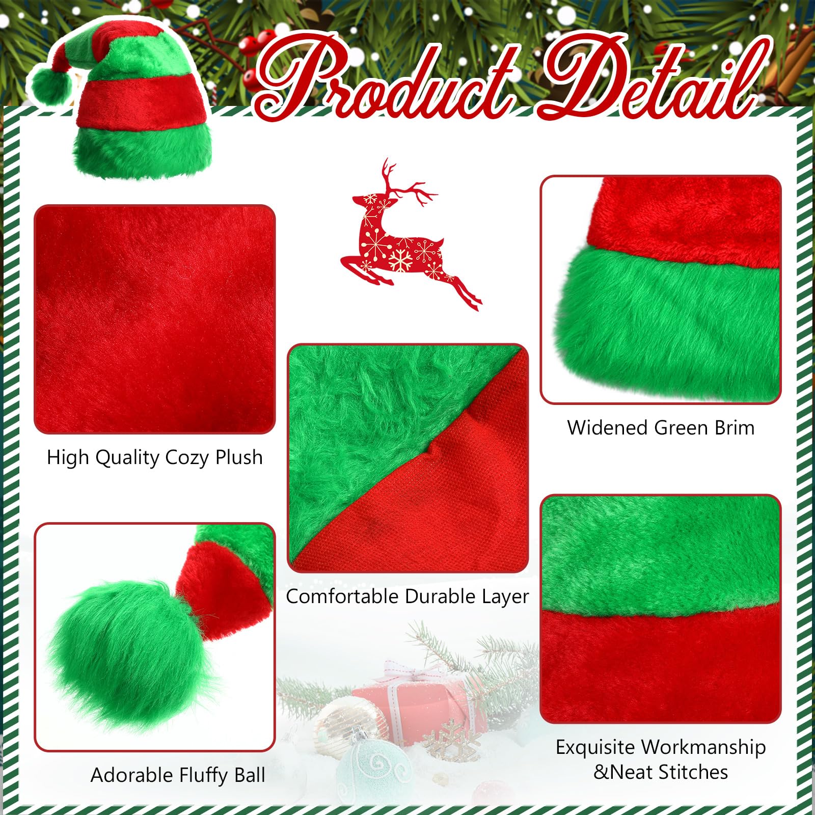 Kenning Sombrero de Papá Noel, 4 piezas, sombrero de Navidad a rayas verdes y rojas, sombrero de Papá Noel de felpa de Papá Noel, sombrero de elfo de Navidad esponjoso para mujeres y hombres