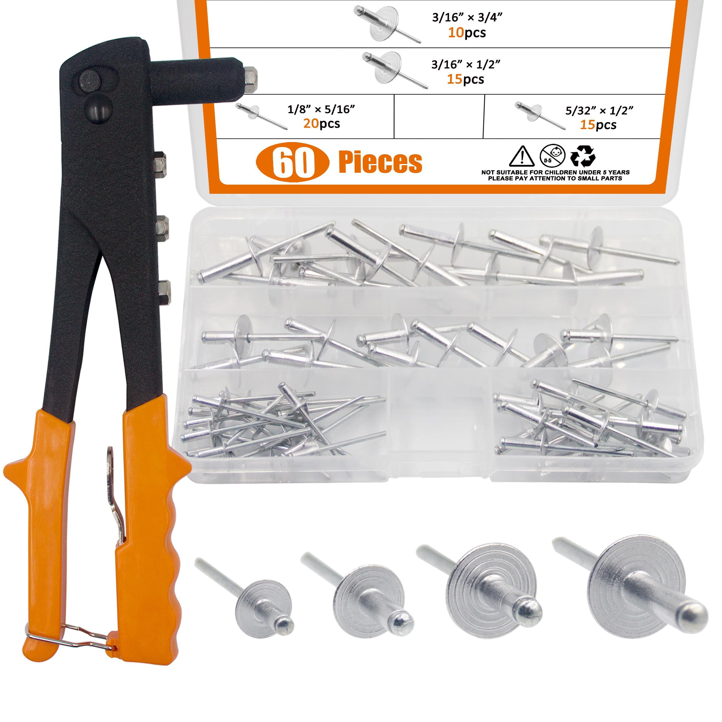 ISPINNER60pcs Large Flange Aluminum Blind Rivets Assortment Kit with Heavy Duty Hand Riveter Rivet Gun Tool 1/8" 5/32" 3/16" Pop Rivets