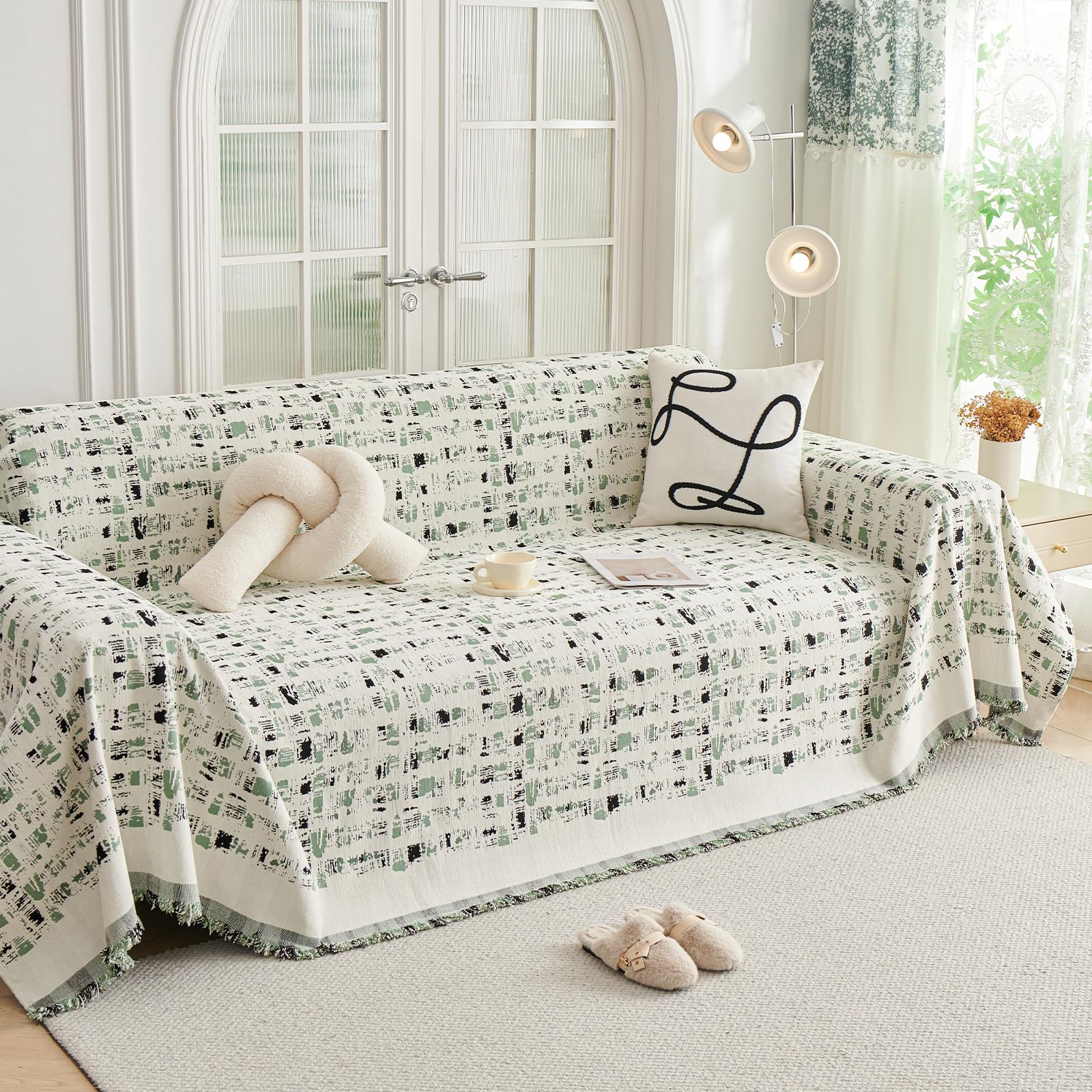 DREAMINGO Reversible Black & Green Sofa Cover - Plaid Geometric Couch Cover for 3 Cushion Sofa - Washable Chenille - Herringbone Houndstooth Jacquard - Sectional Couch - 71"x134" โ image 1