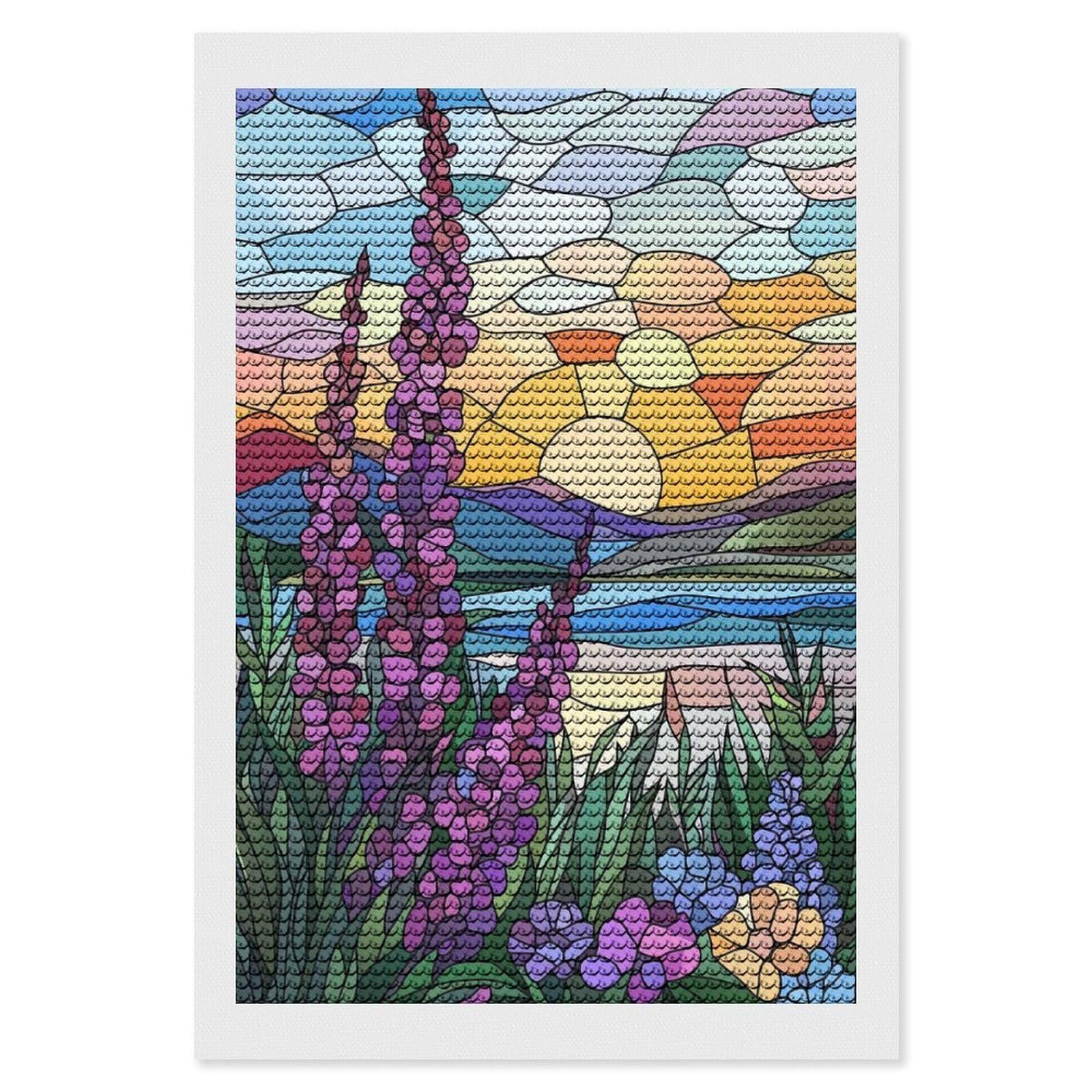 Junmoney Sunset Landscape with Flowers Diamond Painting Canvas Set 8"x12", with Tool Kit, Easy to Enjoy, Home Wall Decor, Thoughtful Handmade Gift