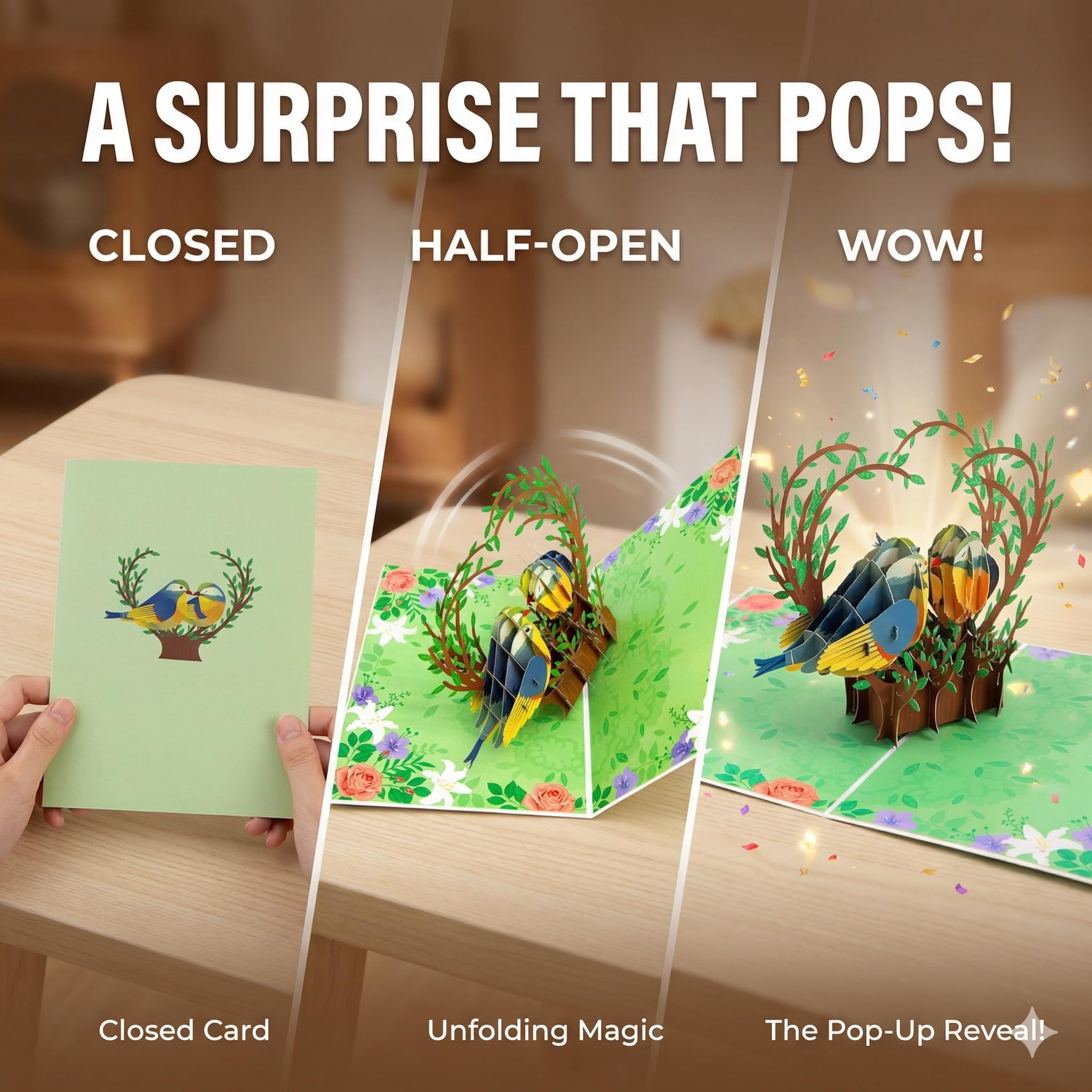 Love Birds Pop Up Karte, Paar Finken küssend, romantische Vogelkarte, 3D Grußkarten für alle Anlässe, Valentinstag, Happy Birthday, Jahrestag, Hochzeit