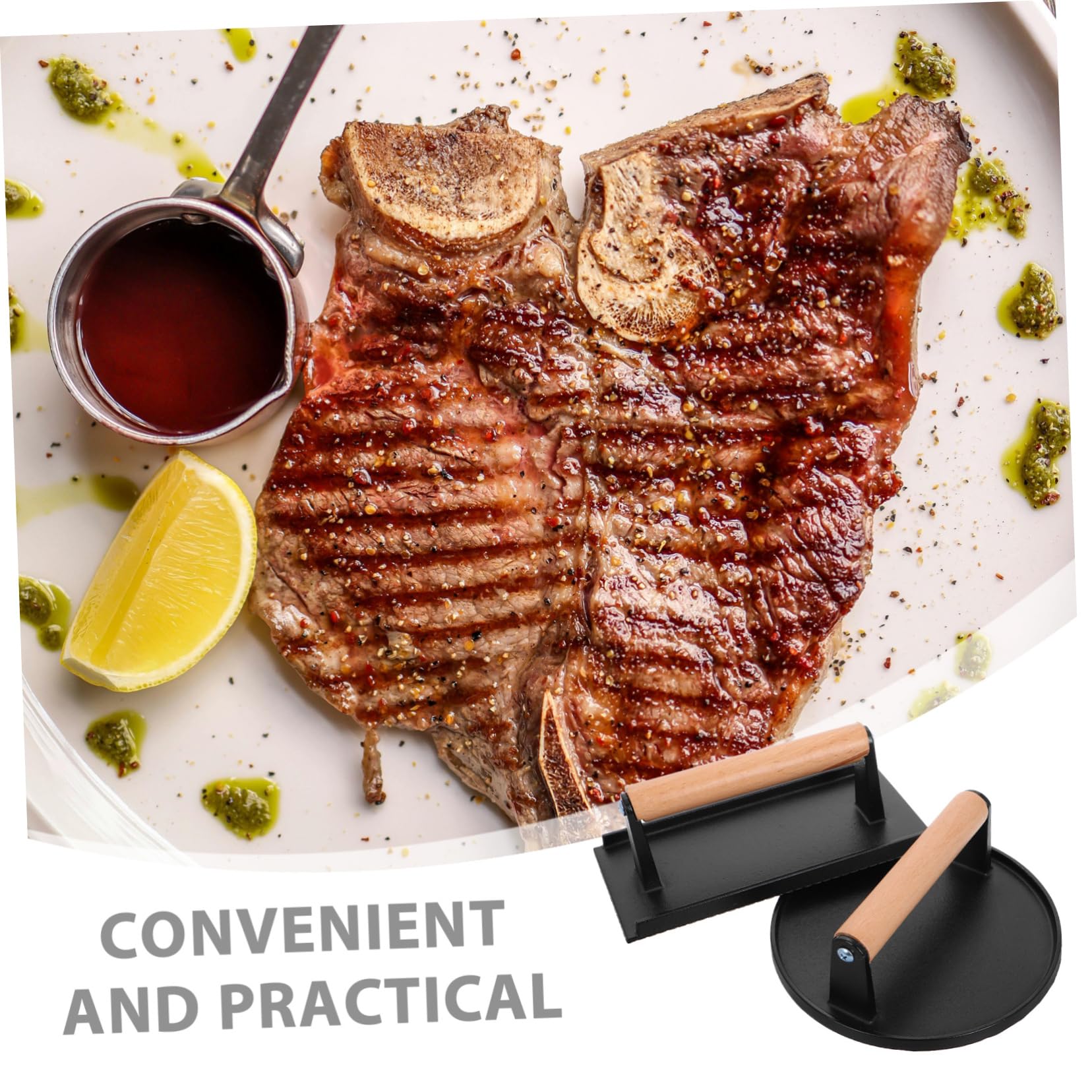Mikikit Prensa para Hamburguesas y Carne Hierro Fundido 2 Piezas con Mango Madera Ergonómico Sin Recubrimiento Prensa Larga Multifunción para Barbacoa y Cocina Hogar