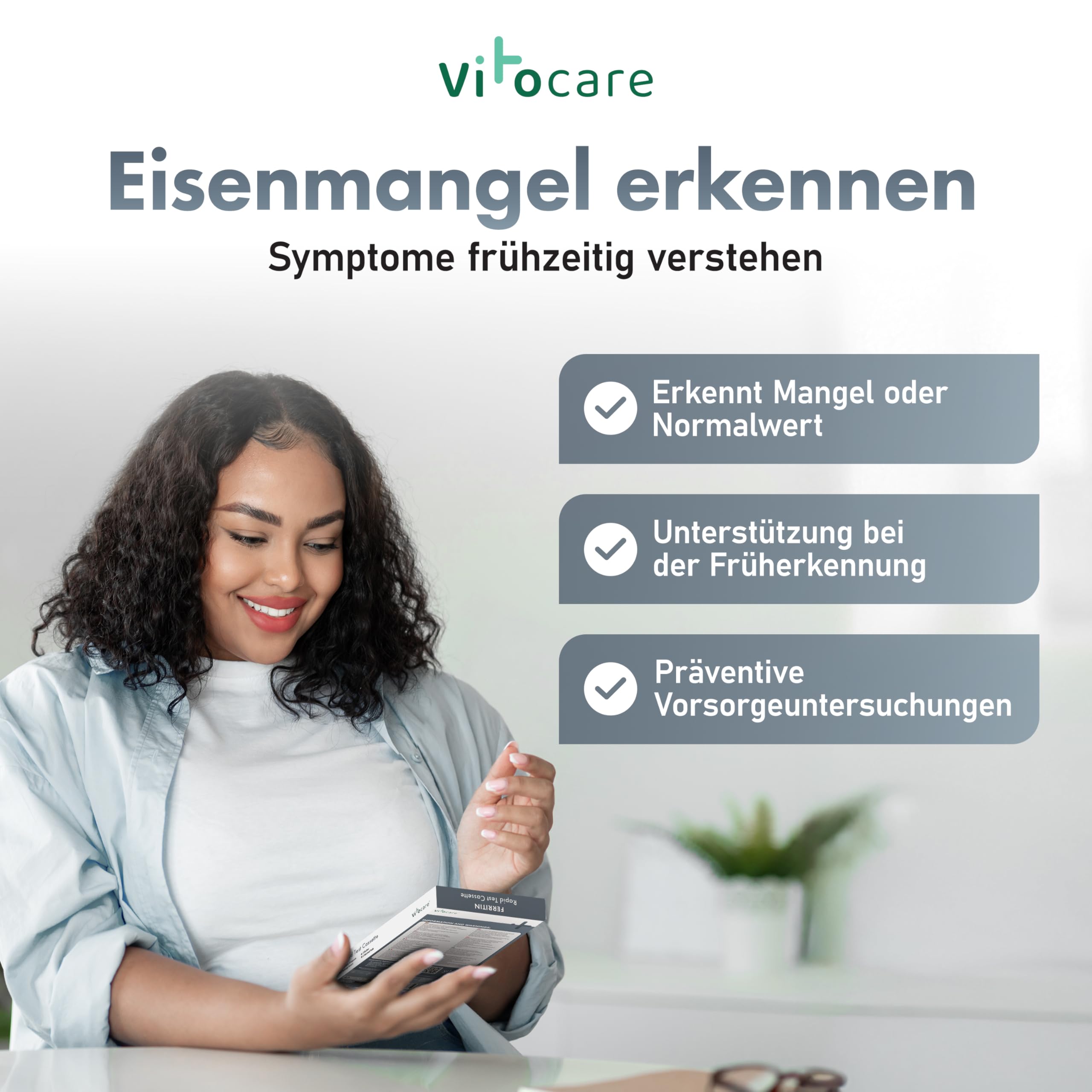 Eisenmangel Selbsttest – 2x Eisen Test für Zuhause, Ferritin Test mit 2 Anwendungen, Eisentest für Zuhause, schnelles Ergebnis, einfache Fingerblut-Anwendung, diskret zuhause - vitocare