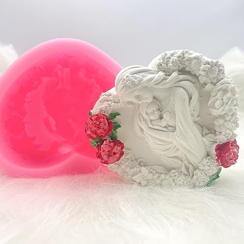 Miniatura 8 de Molde de silicona en forma de corazón 3D 1P - Virgen María y el Niño Jesús con flores, perfecto para jabón, velas, resina y manualidades de arcilla,