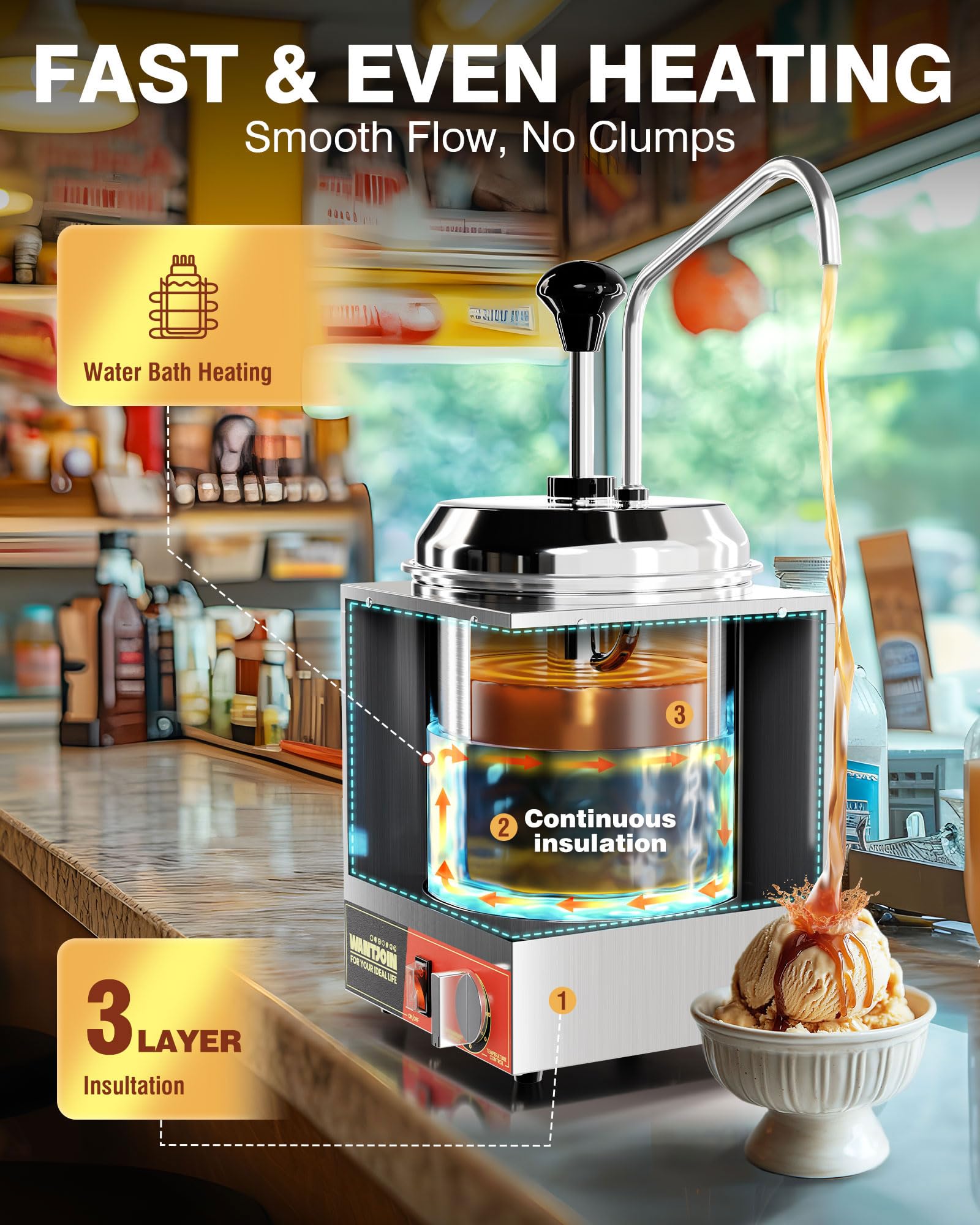 Condition photo showing As Is for wantjoin nacho cheese dispenser with pump - 3.5qt cheese w/warmer stainless steel pump hot fudge warmer 86-185°f temperature control, commercial nacho cheese warmer dispenser for hot fudge caramel