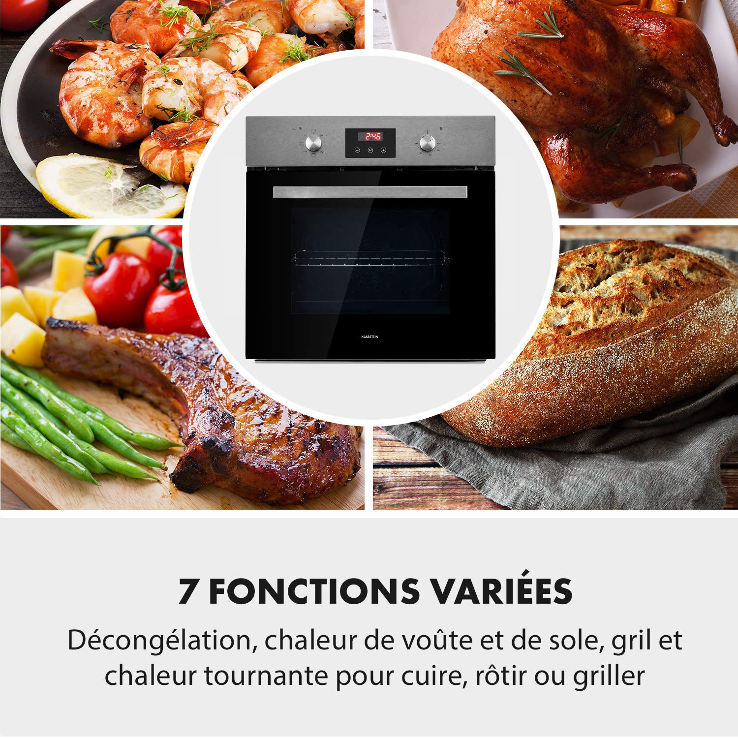 Klarstein Kalahari Four Encastrable - Électrique, 68 Litres, Classe d'Efficacité Énergétique A, 59,5cm, Température : 50-250 °C, 7 Fonctions, 5 Niveaux, Sécurité Enfant, Autonome, Noir