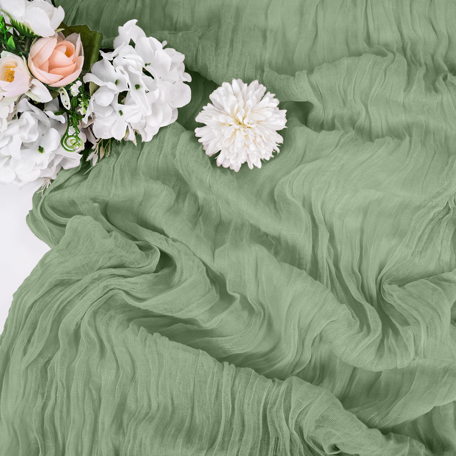 Lot de 10 Chemins de Table en Étamine, Chemin de Table Bohème en Gaze de 55 x 300 cm, Tissu Rustique en Gaze pour Mariages Festivals Remises de Diplôme Dîners Fêtes en Plein Air (Vert Sauge)