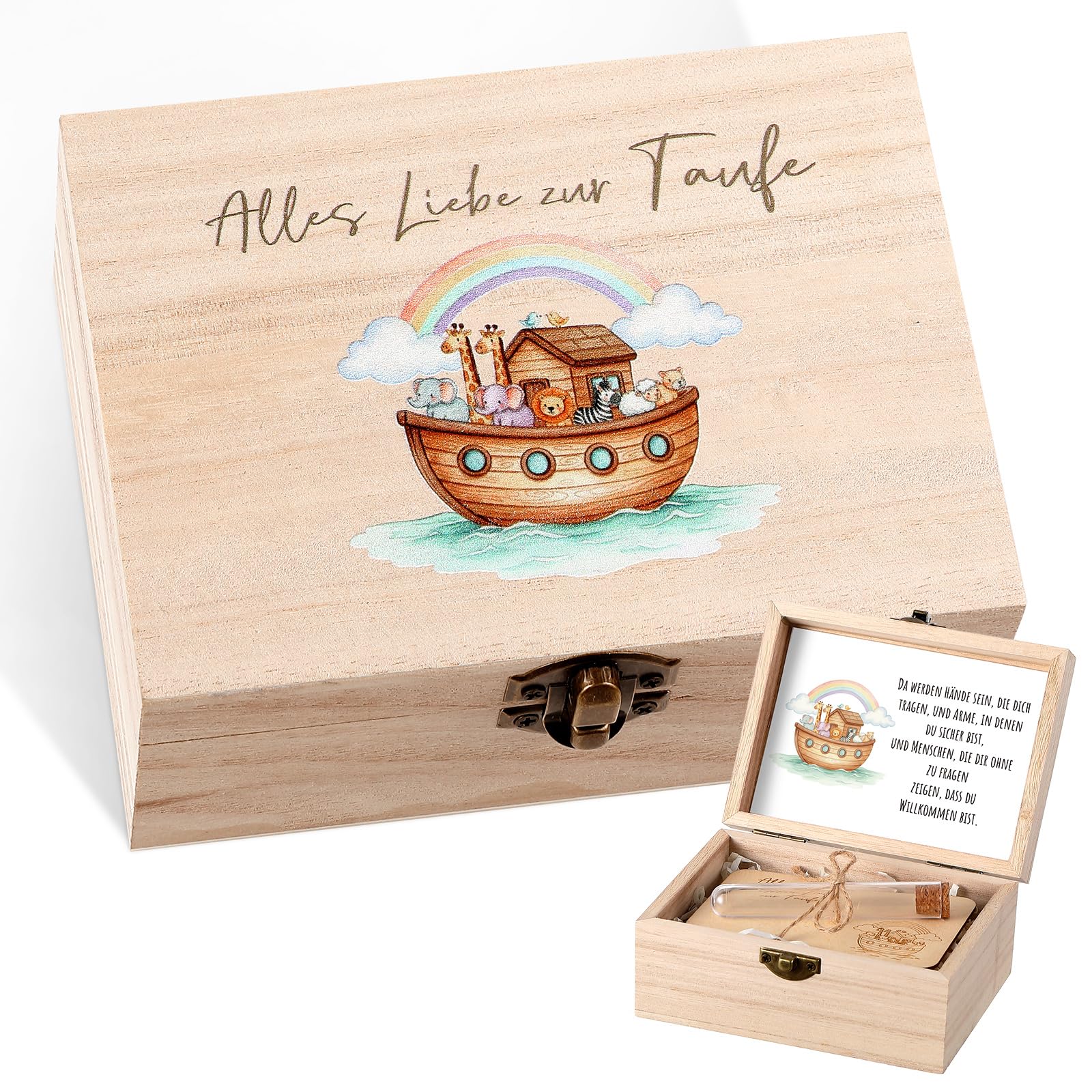 Namalu 4er Set Taufe Geldgeschenk Holzbox mit Regenbogen und Tier Arche Noah Reagenzglas Holzsplitter Grußkarte und Raffia Gras Geldgeschenk Verpackung für Party Gäste Taufe Deko