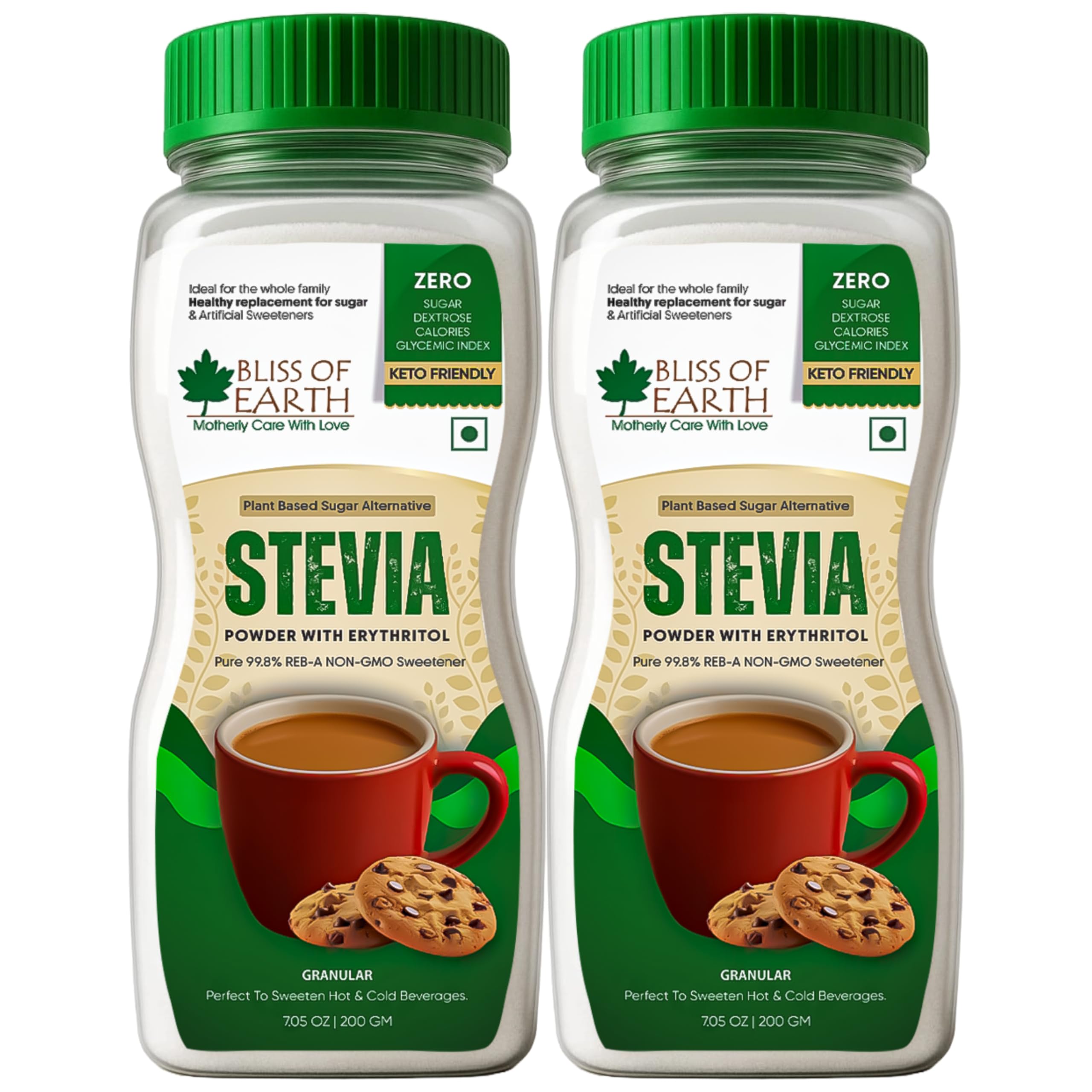 Bliss of Earth Stevia Sugerfree Powder for Diabetic, Diet Sugar Sweetener For Keto diet, 99.8% REB-A Purity Stevia Sweetener With Erythritol, 2X200GM