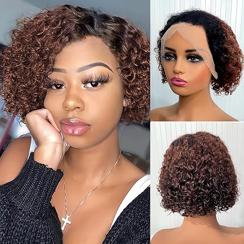 Peluca de cabello humano corto rizado de 13 x 4 pulgadas, pelucas de encaje frontal HD, predepiladas, sin pegamento, parte frontal, peluca Bob de