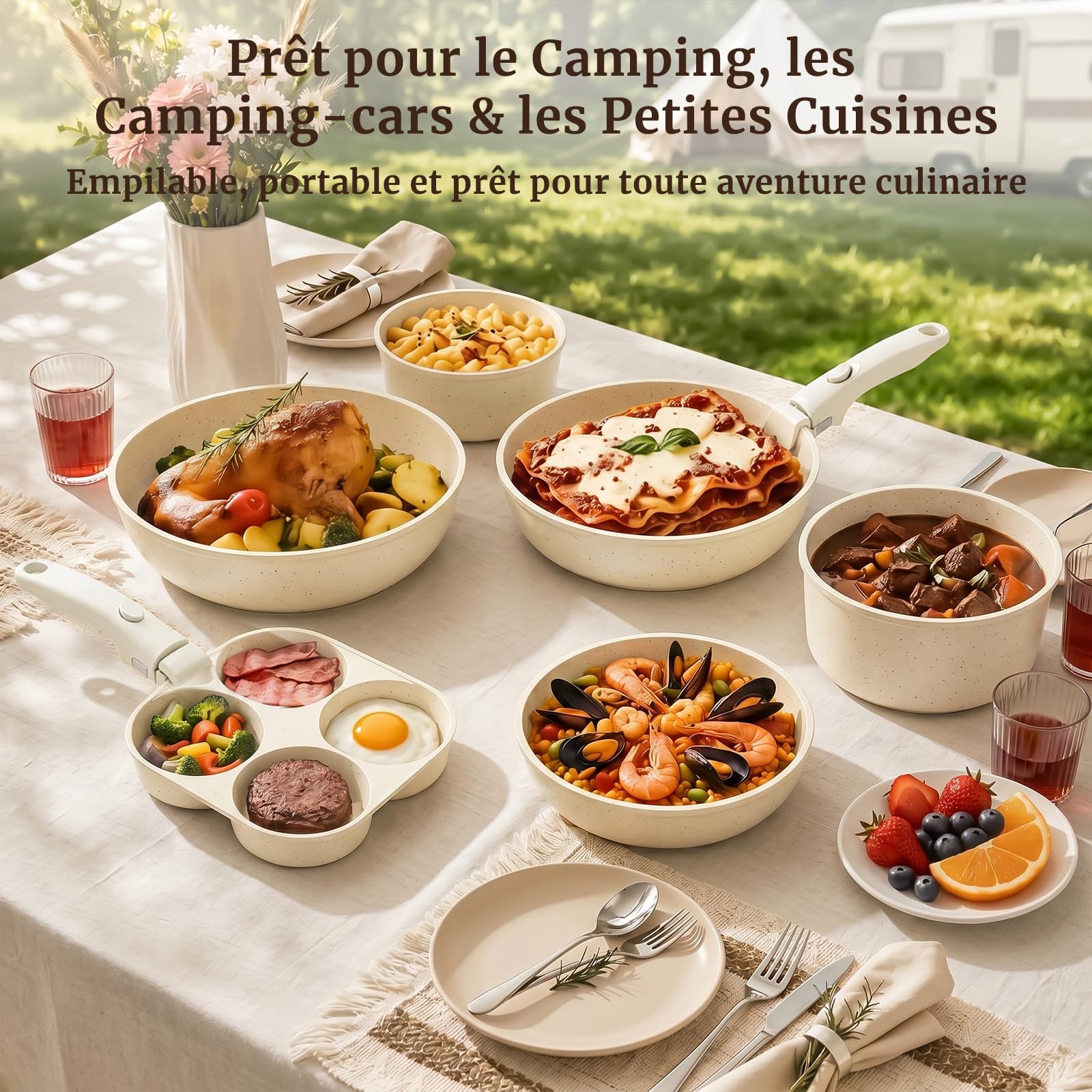 YASHE Batterie de cuisine 20 pièces, non toxique, sans PTFE ni PFAS | Batterie de Cuisine avec Poignée Amovible, Casseroles Empilables pour Induction, Gain de Place pour Camping-Car, Sans PFOA