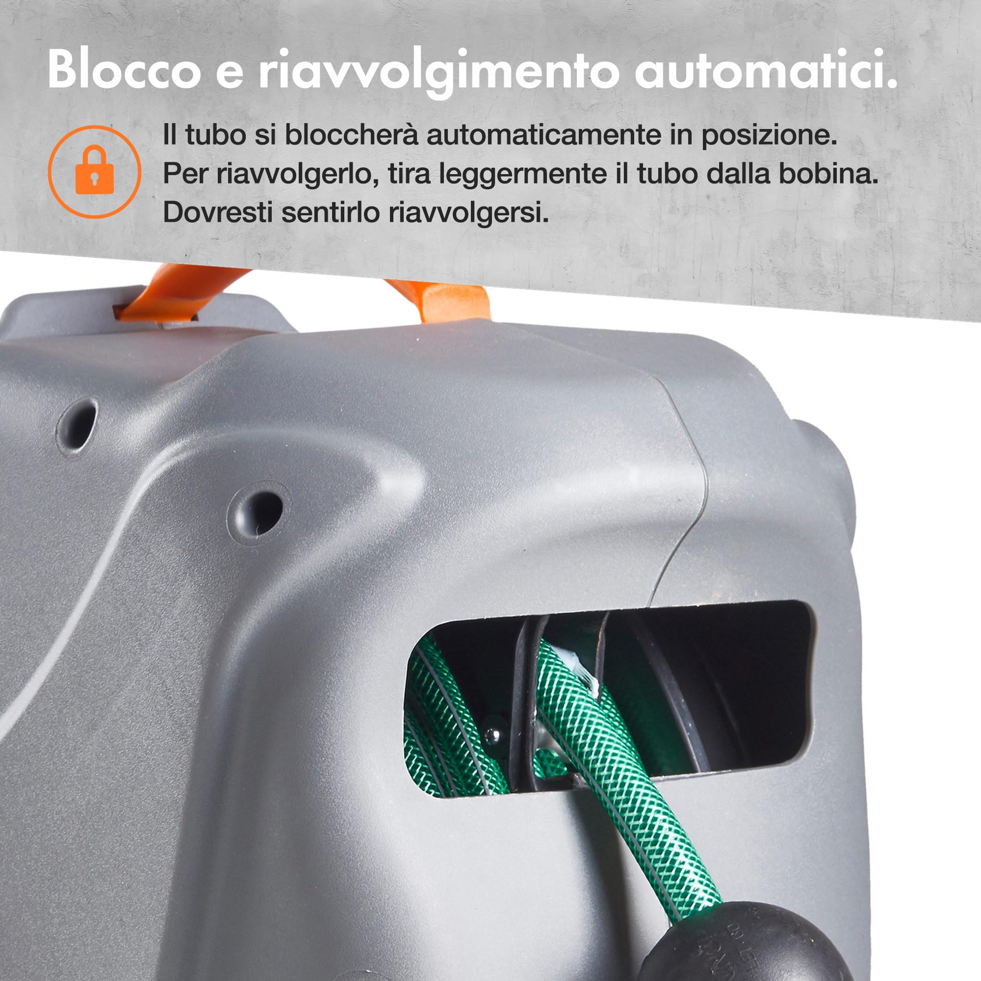 Avvolgitubo da Giardino – Tubo Irrigazione con Avvolgitubo da Parete Retrattile, con Blocco e Riavvolgimento Automatici, Elementi di Fissaggio e Pistola a 8 Modalità, Rotazione 180° (20 m)