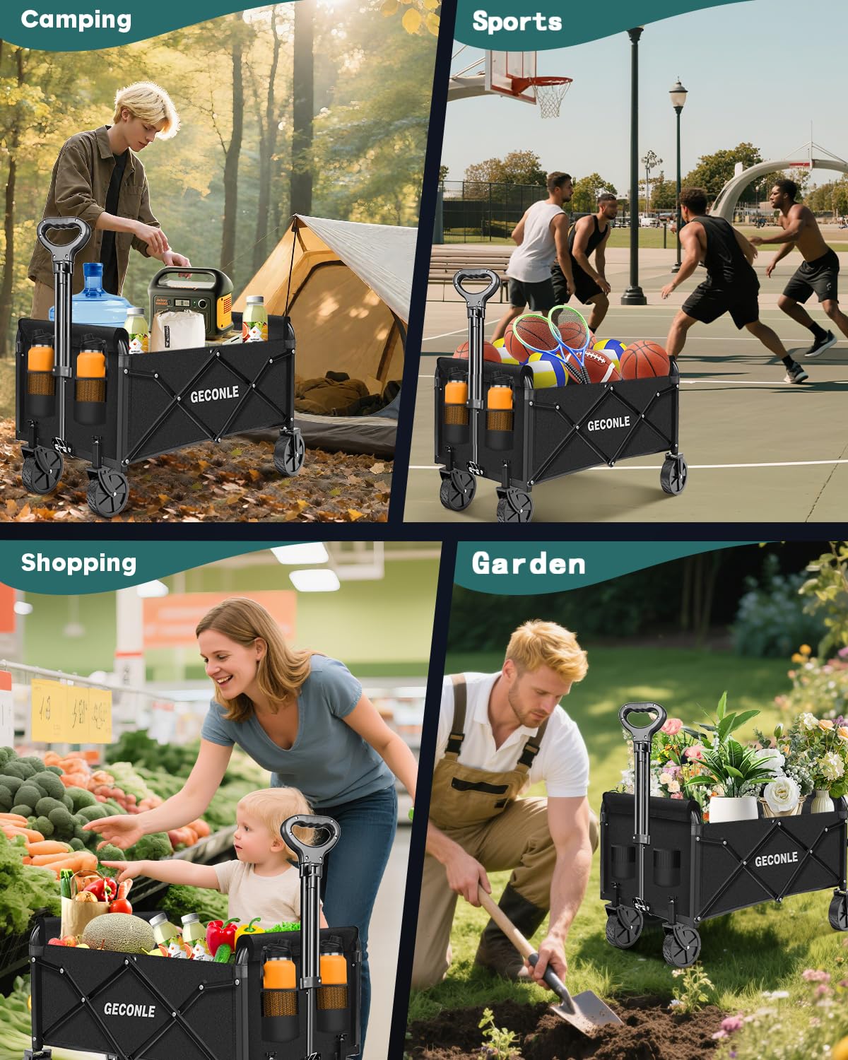 Chariot de Plage Pliable Tout Terrain à roulettes, 100L Chariot de Jardin avec Roues Amovibles et Poignée Réglable, Charrette pour Extérieur, Camping, Festival, Courses, Promenade, Pique-Nique et BBQ