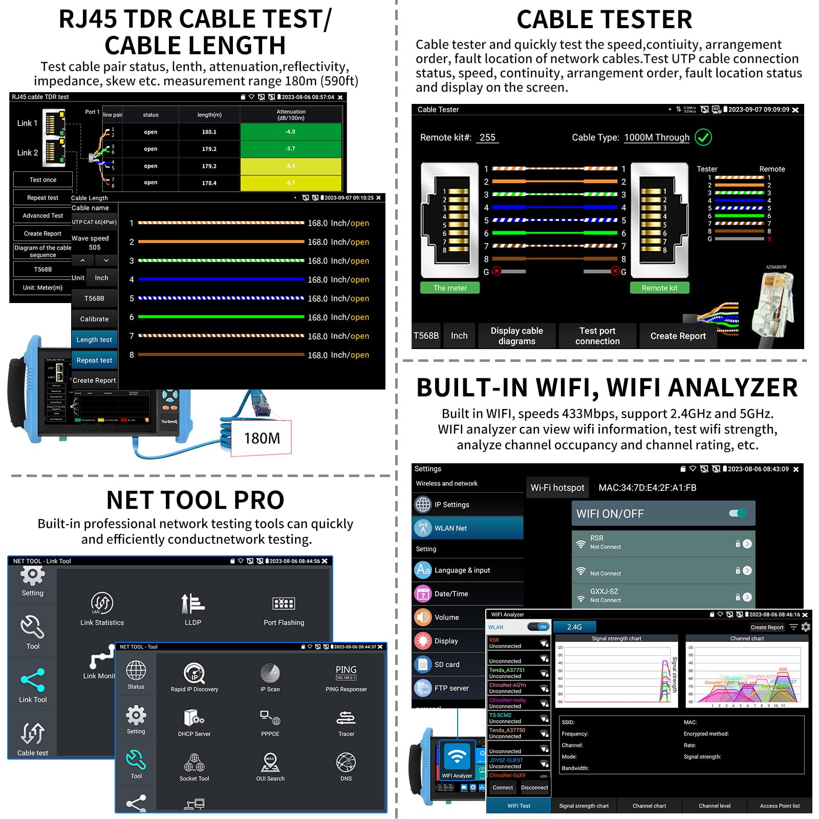Henkion CCTV Tester 8K 32MP 4K 12MP IP Camera Test con POE++ max 90W, 8MP TVI CVI AHD CVBS CCTV Camera Monitor, interfaccia 1CH SFP, test IPC WiFi Tester di rete strumenti di uscita HD I/O VGA