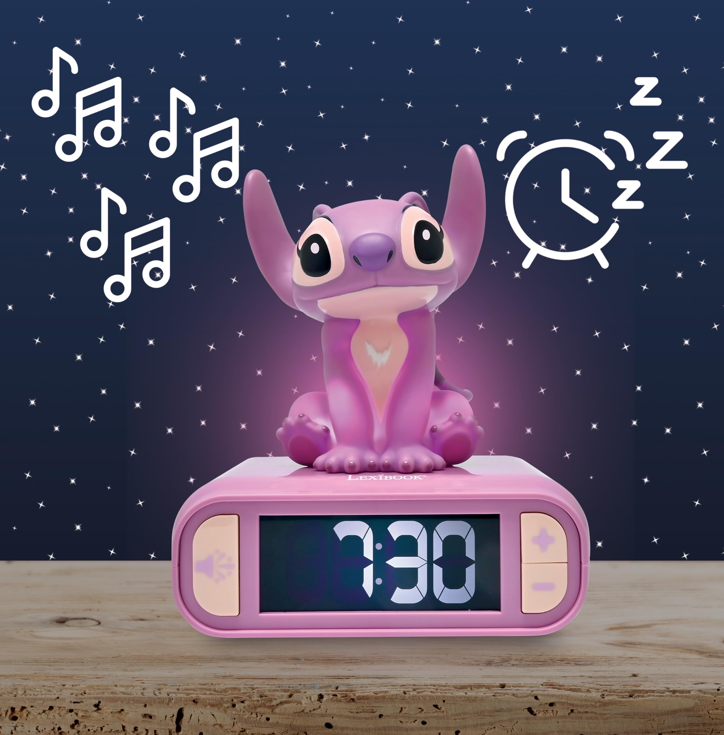 Lexibook, Disney Stitch, Budzik z Lampką Nocną Angel, Dźwięki i Melodie, Podświetlany Ekran LCD, LuminoUS, Drzemka, Różowy, RL800D1