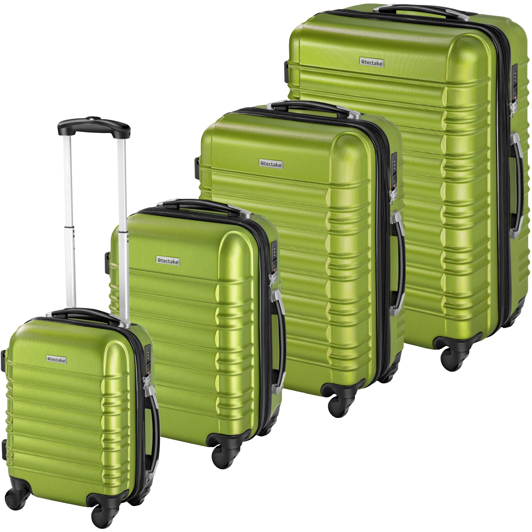 tectake® Set Valigie Trolley Rigide, 4 Valigie con Scocca in Plastica ABS, Rotelle Girevoli a 360°, Maniglia Telescopica in Alluminio, Serratura di Sicurezza a Combinazione - Verde