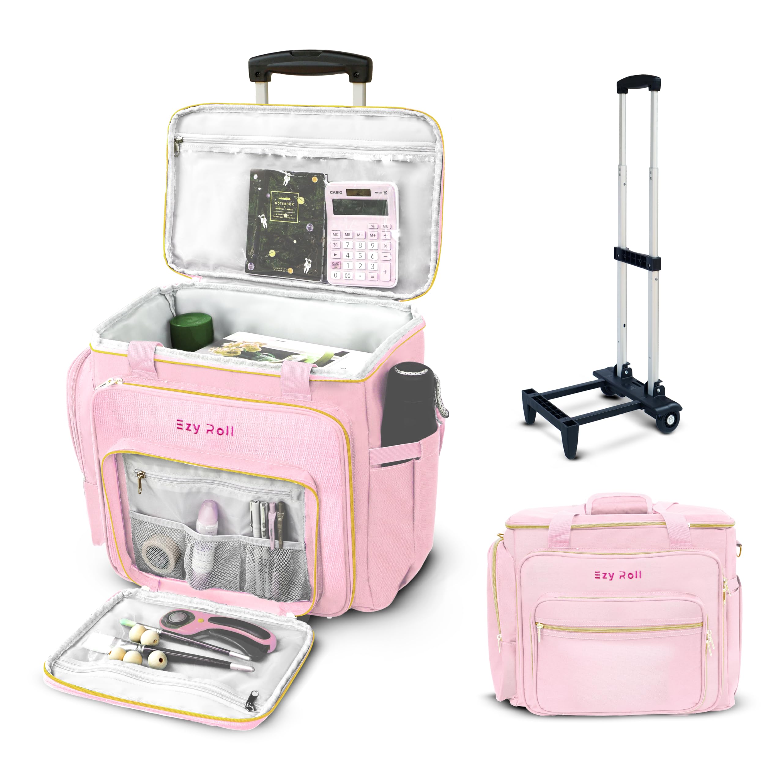 Ezy Roll Large Rolling Tote with Detachable Wheels - Water Resistant Craft Storage Organizer, Work Bag on Wheels, Sewing Machine Case - Pink
