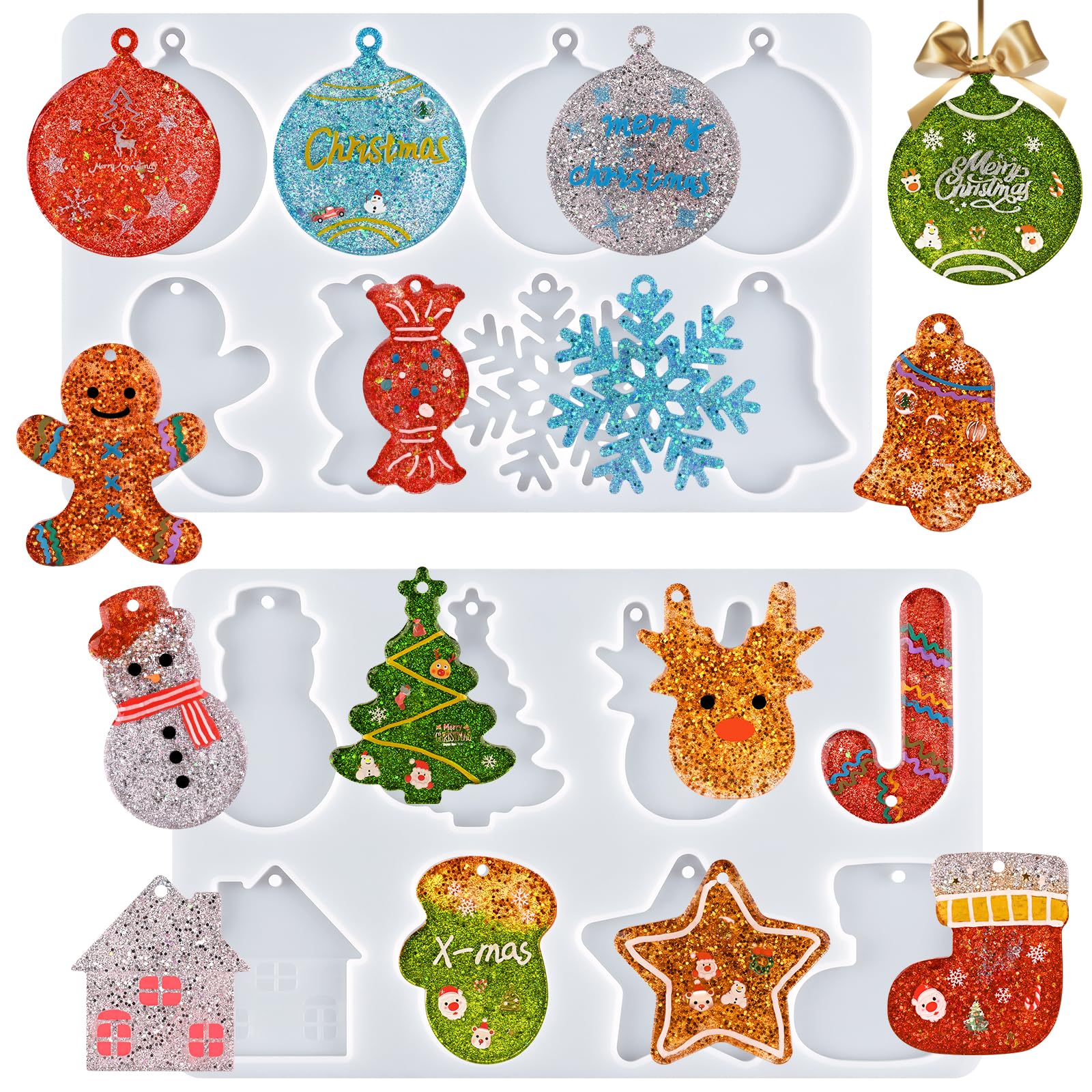 Actvty Christmas Resin Molds, 2 PCS Christmas Ornaments Silicone Molds for Epoxy Resin, 16 Cavities Large Pendant Molds DIY Resin Crafts Jewelry Keychain Xmas Gift Christmas Tree Decor
