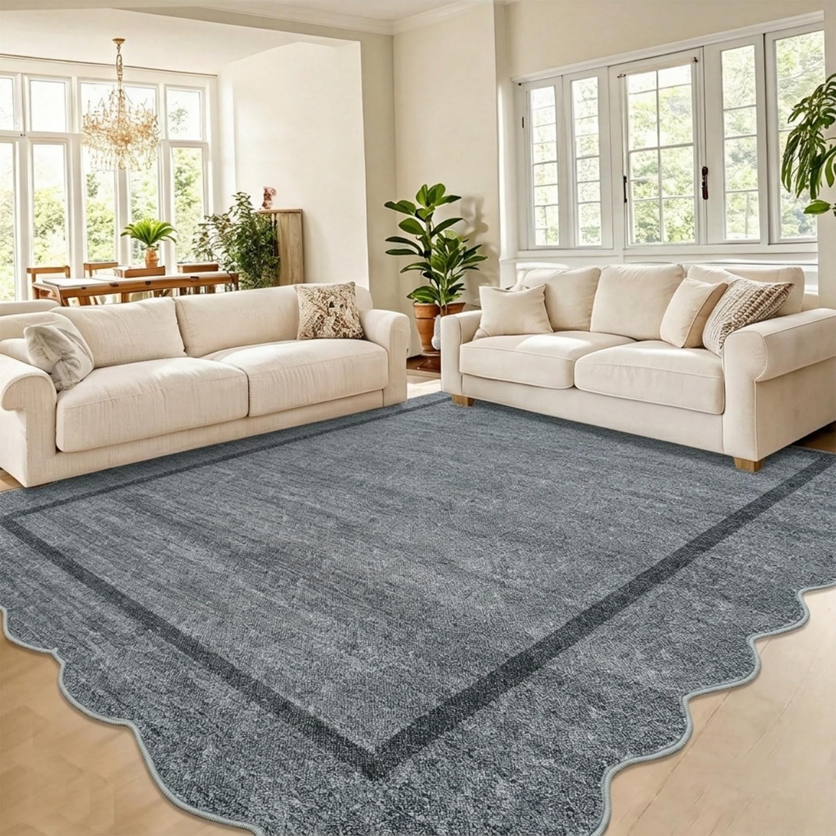 CAROMIO 160x230cm Modern Scalloped Area Rugs Dark Grey Washable Living Room