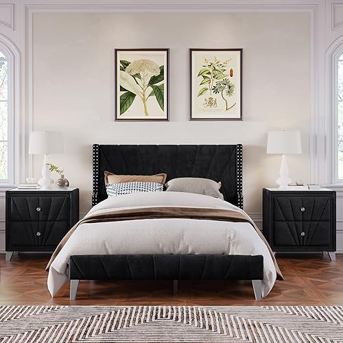 Miniatura 9 de Anwickmak Marco de cama tapizado de terciopelo contemporáneo con ribete de canal y ribete de clavo no necesita somier negro Queen estándar de
