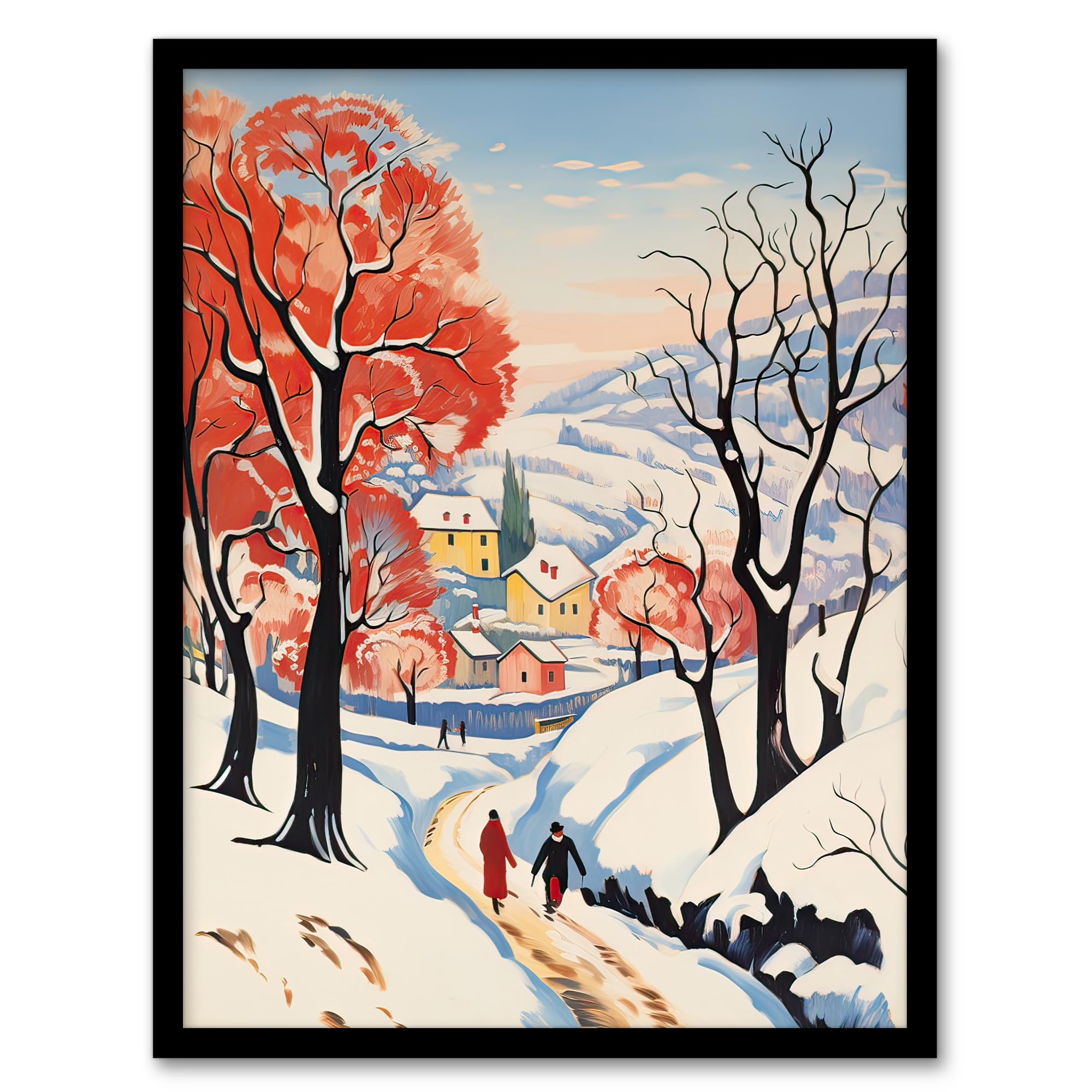 Artery8 Sunny Winter Day Village Countryside Road Artwork Framed Wall Art Print A4