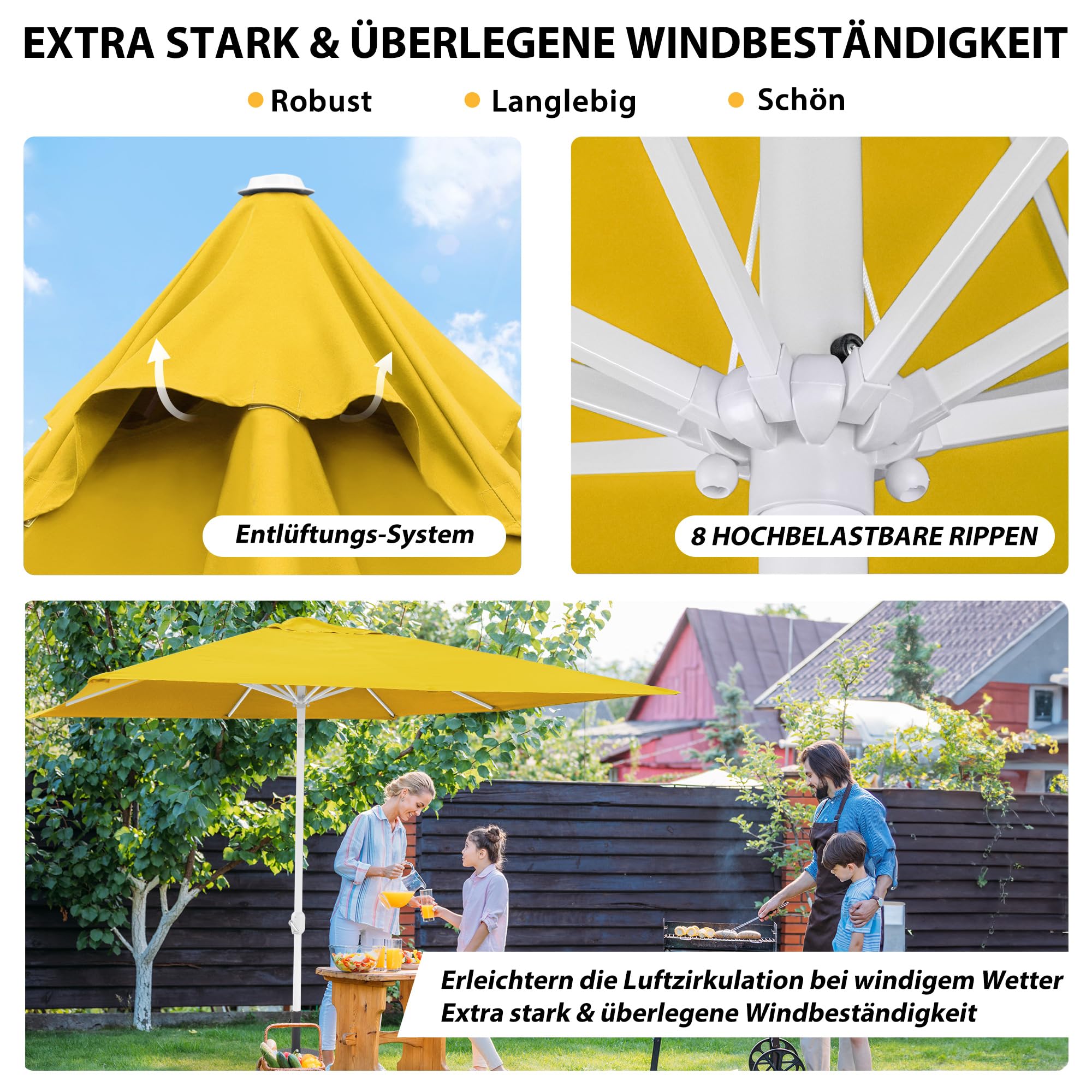 paramondo interpara Ombrellone da Giardino Inclinabile con Manovella, 3 x 3 m Quadrato Giallo, Telaio Bianco