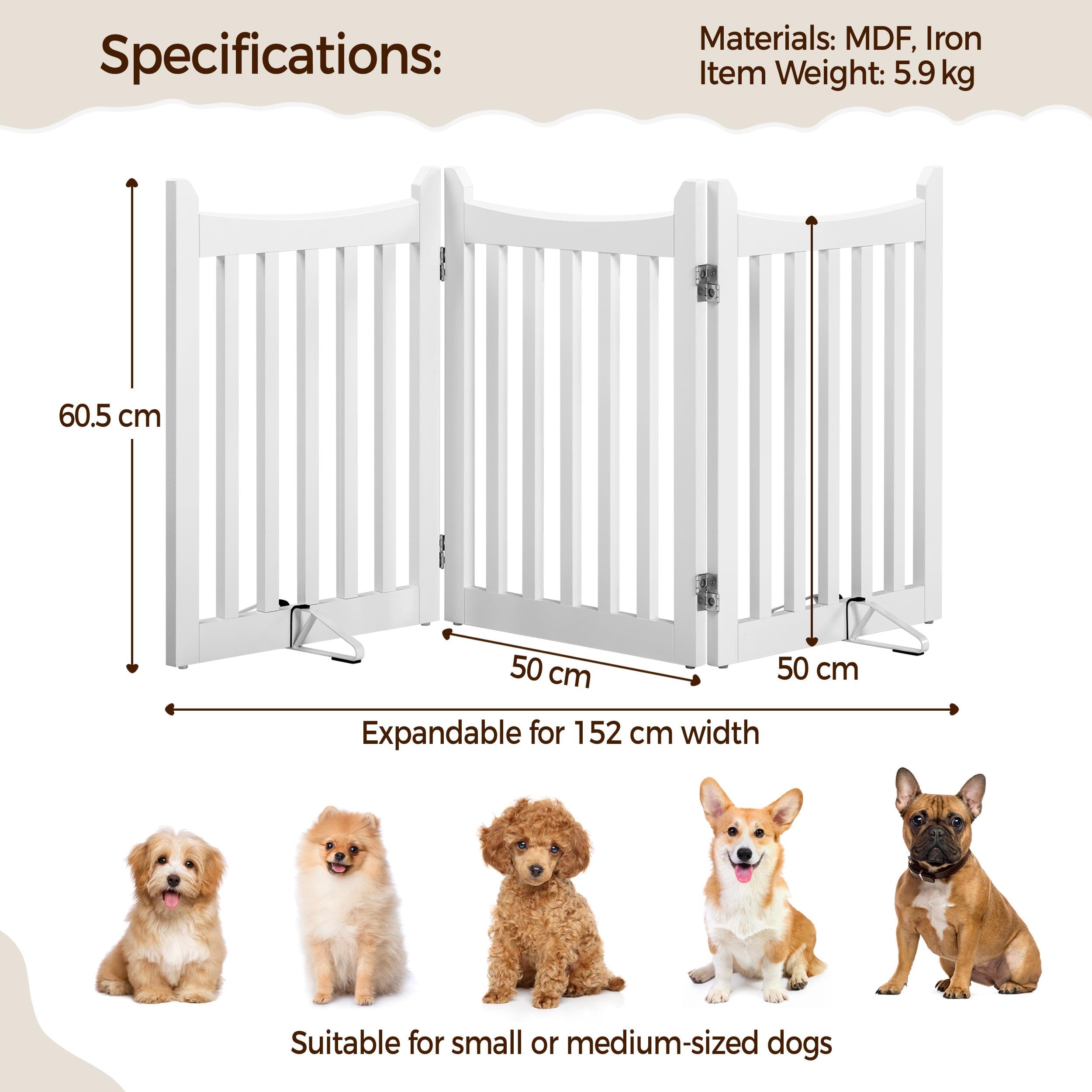 Yaheetech Afsluitrooster voor honden, HxB: 60,5 x 201,5 cm, traprooster met 2 steunpoten, opvouwbaar hondenhek, vrijstaand afsluitrooster voor keuken, open haard, oven, trap, 3 panelen, wit