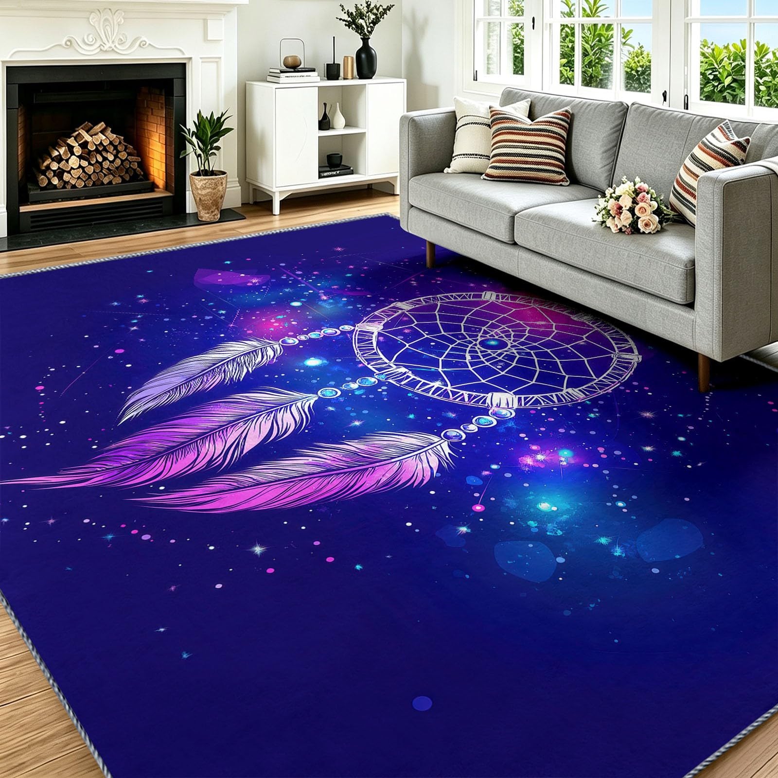 Waschbarer Wohnzimmerteppich, Galaxie Traumfänger Federn Niedriger Flor Teppich, Weich Hautfreundlich, Mystisch Fantasy Groß Rutschfest Teppiche für Schlafzimmer und Kinderzimer, 120 x 180 cm