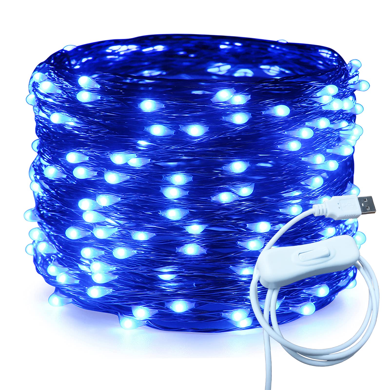 RUICHEN Copper Wire 66 Ft 200 LED USB Fairy String Lights with On/Off Switch, Blue