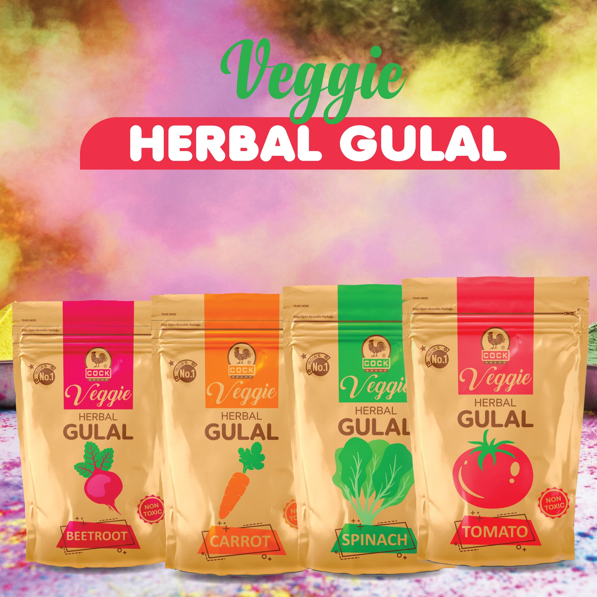 Cock Brand Organic Veggie Gulal – Pack of 4 (280G) | Organic Herbal Gulal for Holi | Non-Toxic, Skin-Friendly Holi Colours | Holi Colour Powder | Perfect for a Safe and Fun Holi Celebration