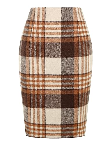 IDEALSANXUN Plaid Skirts for Women Fall Winter Knee Length Pencil Wool Skirt with Slit - Small - Orangebrown