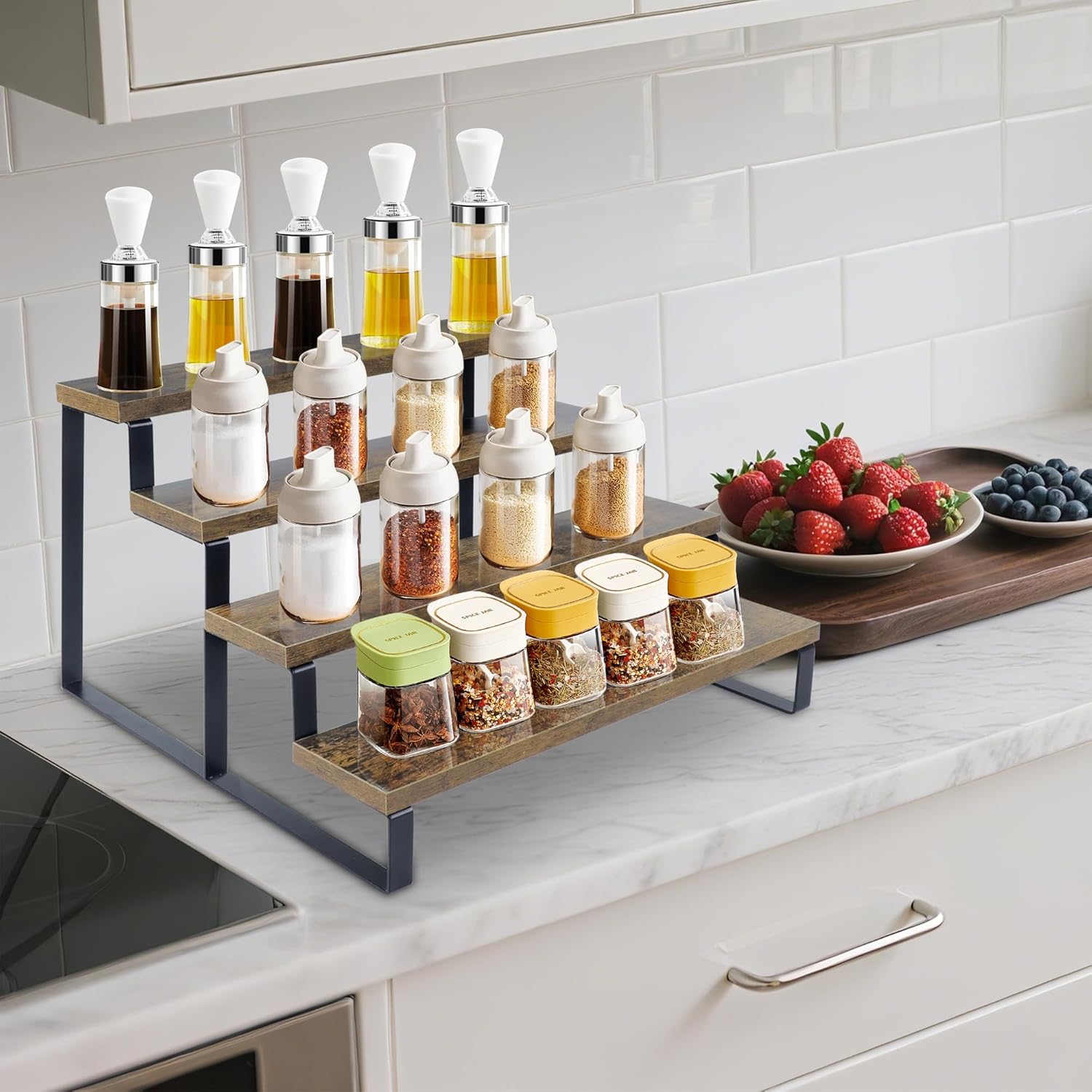 Wood Cupcake Stand, 4 Tier Wooden Cupcake Display Stand, Rustic Tiered Spice Rack Organizer, Perfume Organizer Stand, Display Riser Stand for Figures, Cupcake, Dessert