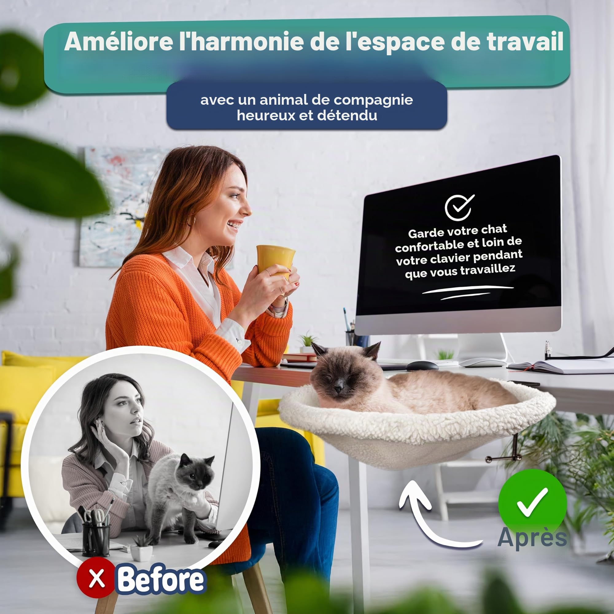 Hamac de bureau pour chat, cadre en acier, pliable, lavable, en félin, plateau de travail, lit d'étagère, parfait bureau rond doux