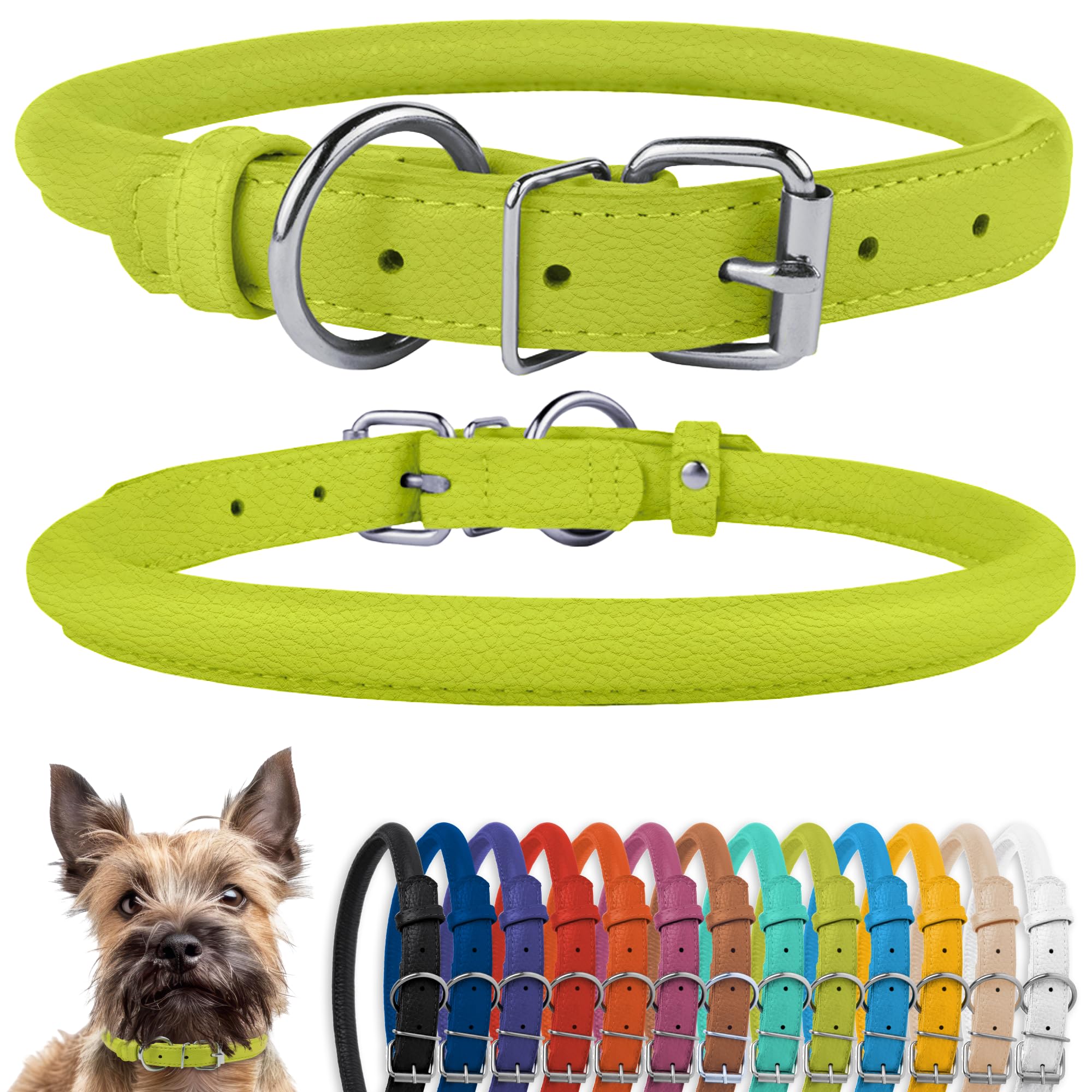CollarDirect Collar de perro de cuero enrollado, collar redondo acolchado suave para cachorros, collar de cuero genuino hecho a mano para perros pequeños y grandes, negro, rosa, rojo, morado, azul (se