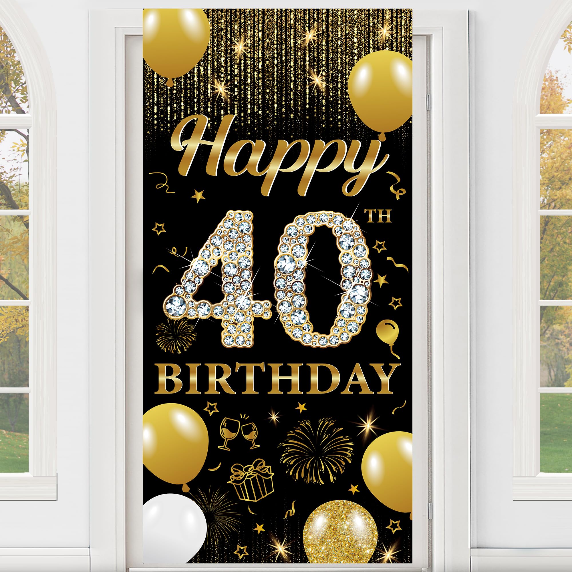 40th Birthday Decorations Door Banner - Black Gold Happy 40th Birthday Backdrop Banners Large Size Door Porch Sign Background for 40 Years Old Mens Womens Party Decor Supplies(185X90cm)