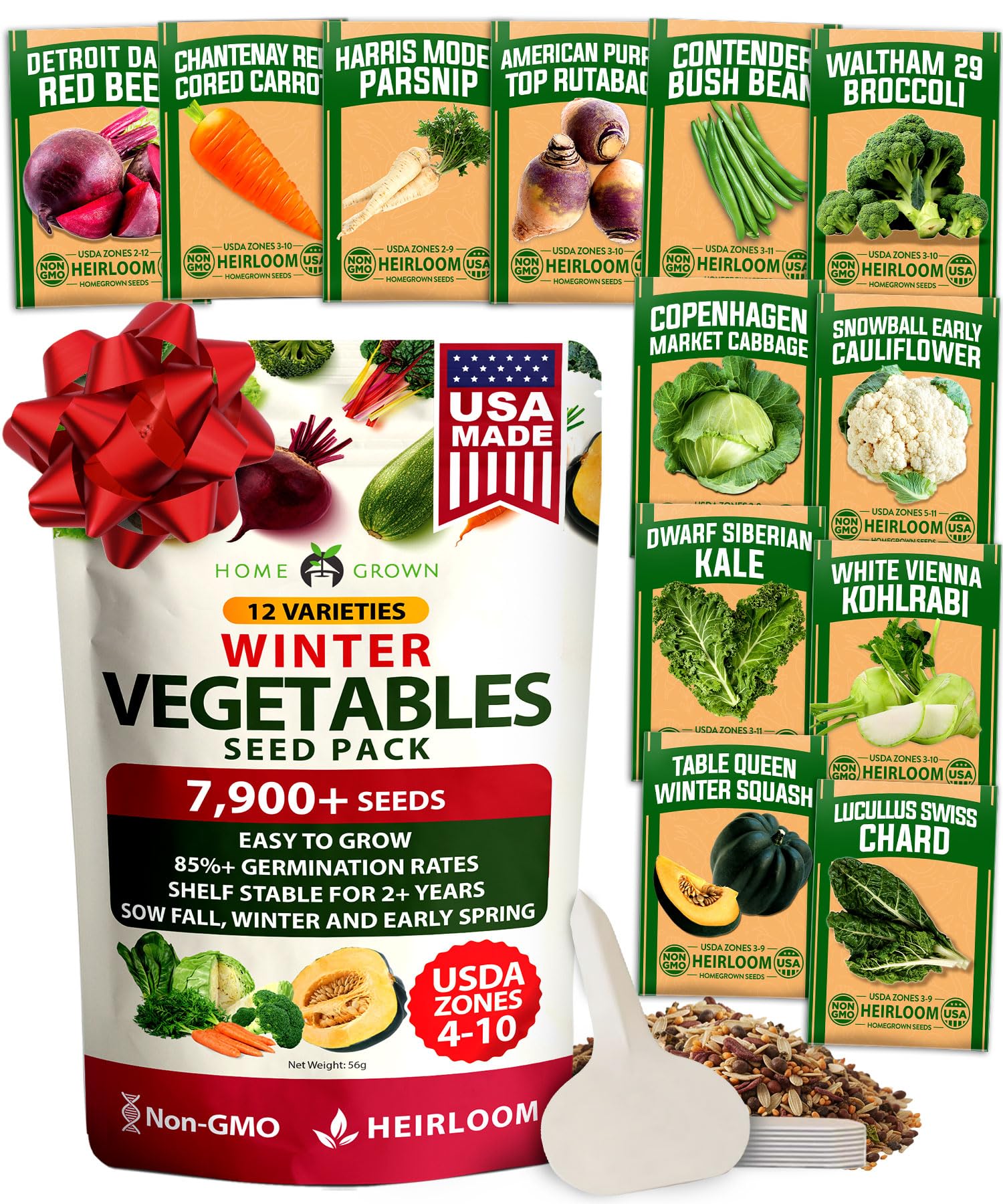 HOME GROWN 12 Winter Vegetable Seeds Heirloom,Fall & Winter Vegetable Seeds for Planting Home Garden: Bean, Beet, Broccoli, Cabbage, Carrot, Cauliflower, Kale,Parsnip,Squash,Chard & More