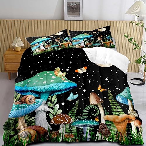 LUVIVIHOME Juego de edredón de 2 piezas, color verde azulado con hongos trippy, tamaño individual, ropa de cama para niños y niñas, plantas