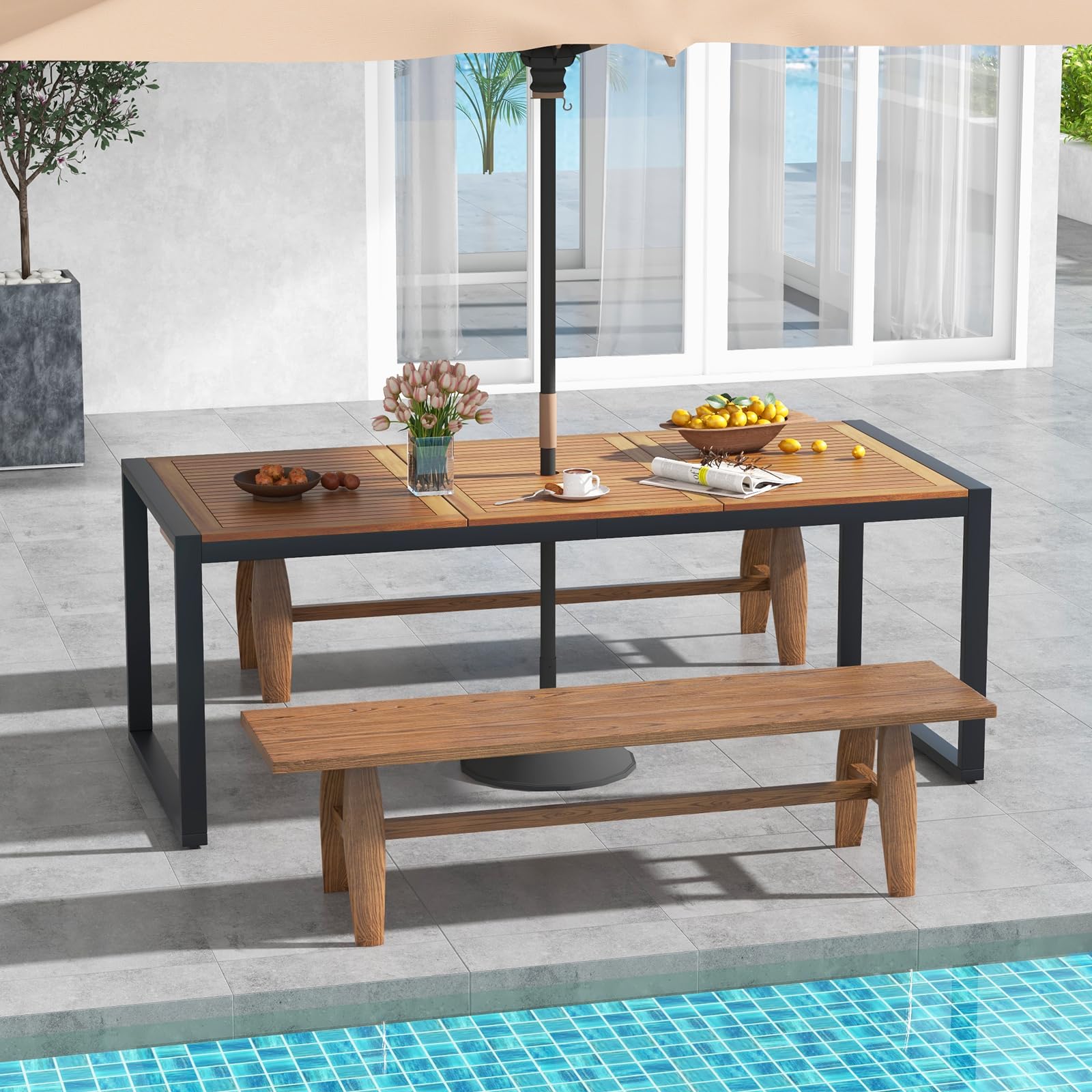 KOMFOTTEU Tavolo da Giardino con Foro per Ombrellone | Tavolo da Pranzo a 8 Posti in Legno di Acacia e Metallo, Tavolo Rettangolare, Piedini Regolabili, per Esterno, 200x90x75 cm