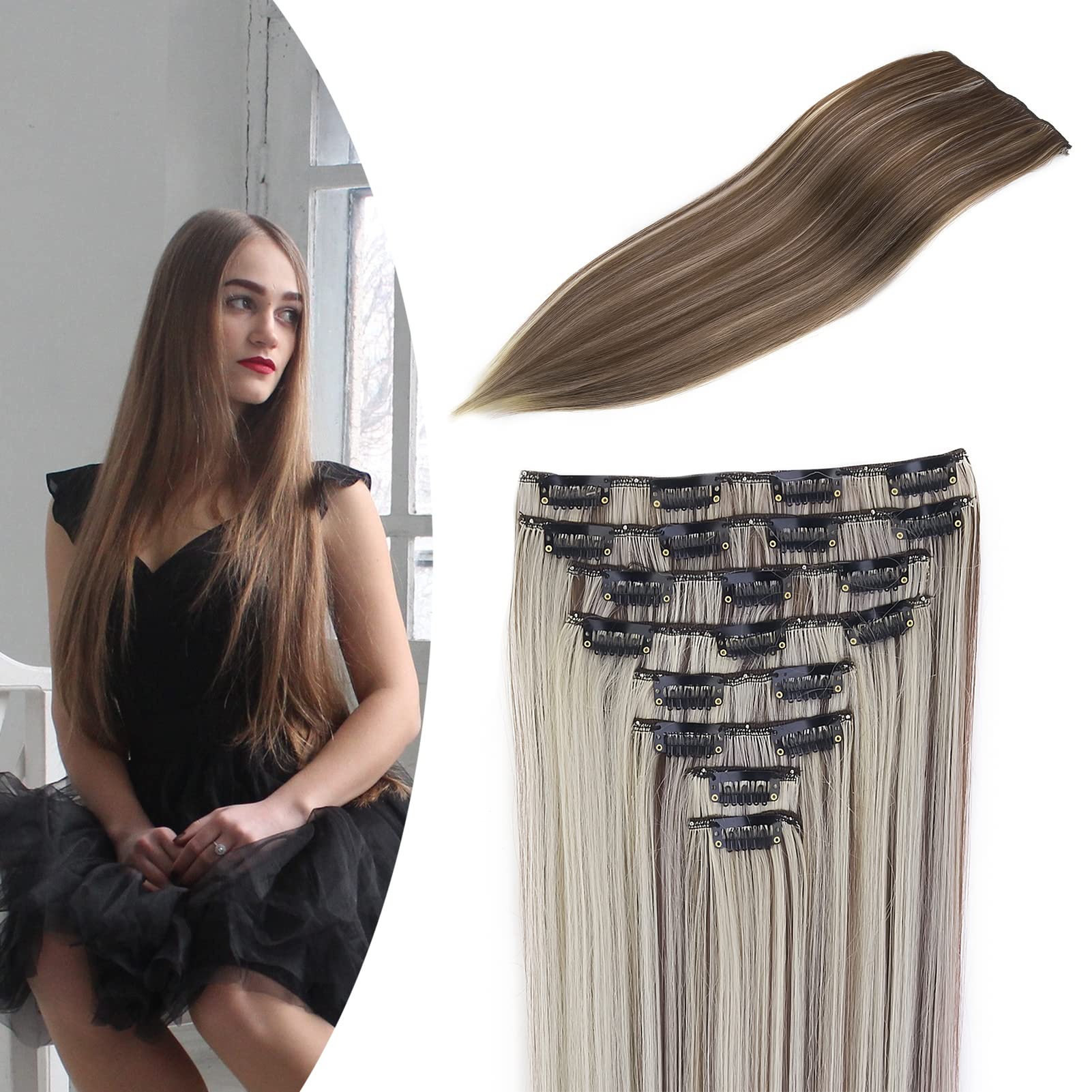 Gairyan 24" Clip in Hair Extensions Long Straight Hair Extension Blonde Hightlight 8PCS Full Head Set Synthetic Hair piece for Women (Light Brown & Bleach Blonde)