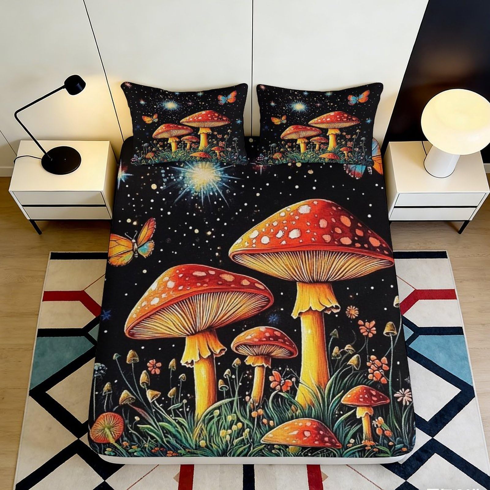 3D Printed Mushroom Forest Fitted Sheet Microfiber Soft Breathable Butterfly Bed Cover for Bedroom Decor Mattress Protection 90x200x25cm