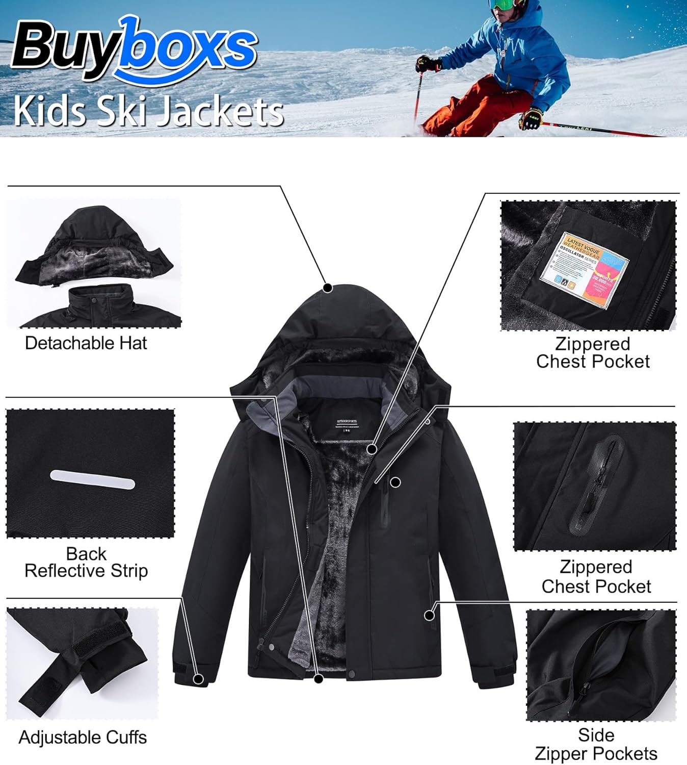Kids Winter Jackets Warm Fleece Waterproof Snow Jacket with Zipper Pockets Detachable Hood - Image 3